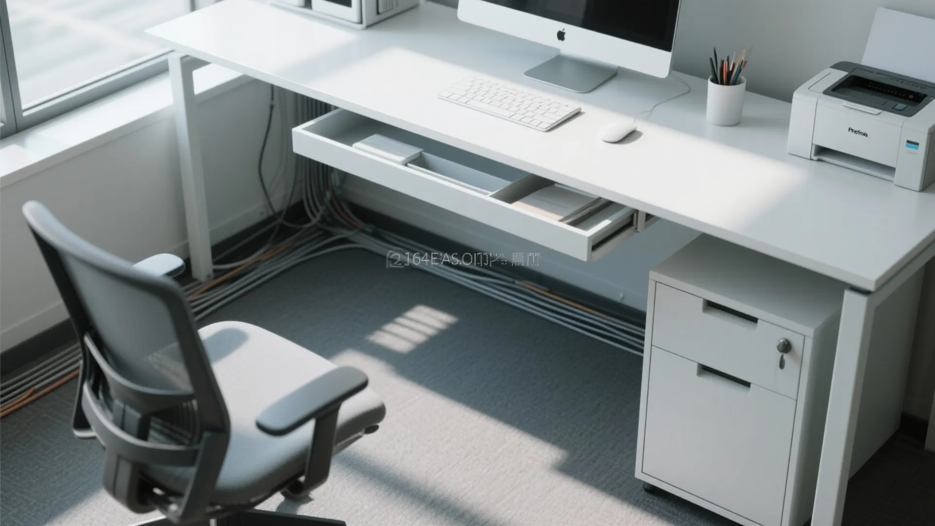 White office desk with computer printer and chair showing organized cables underneath a clean workspace