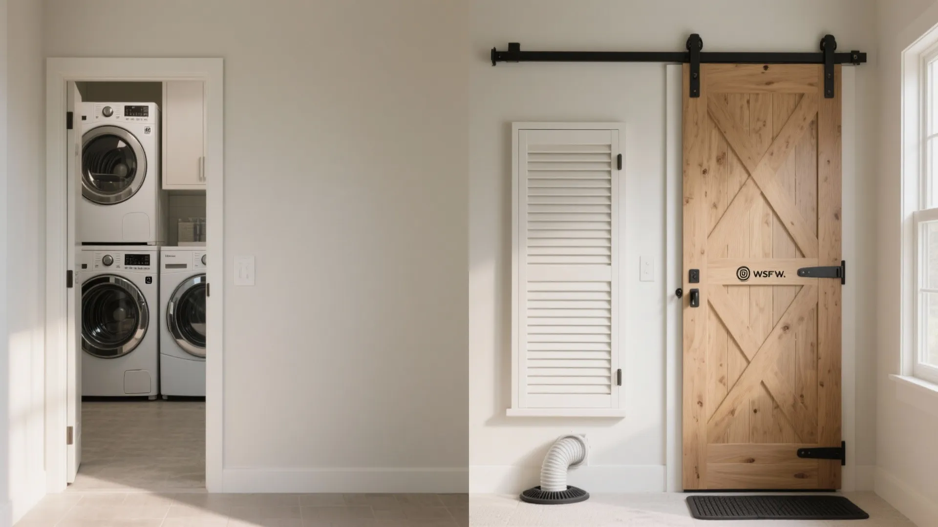 Stacked washing machine and dryer inside laundry room next to a sliding wooden barn style door