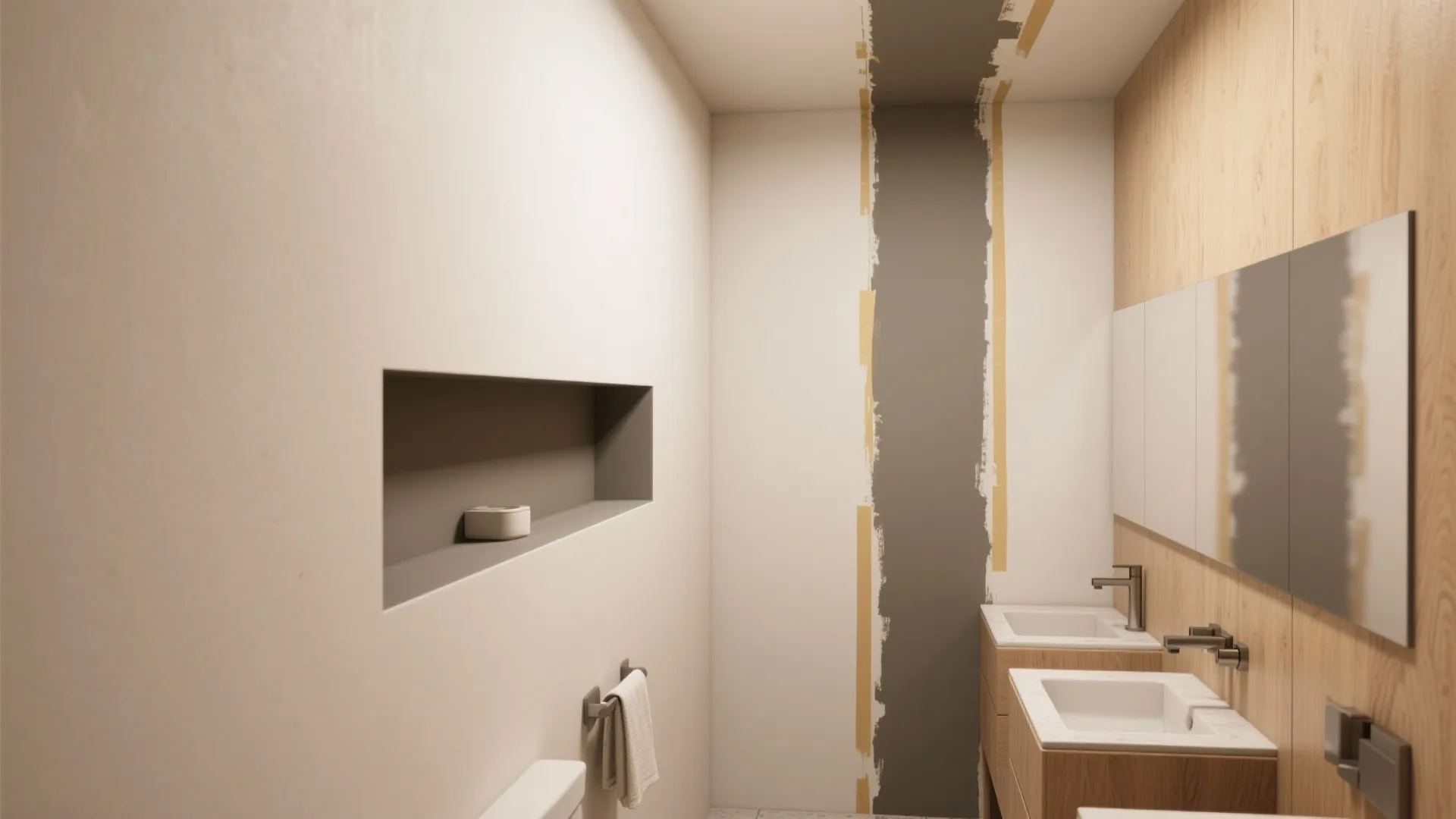 Modern bathroom with wall niche storage double sinks wood panels and a grey painted stripe