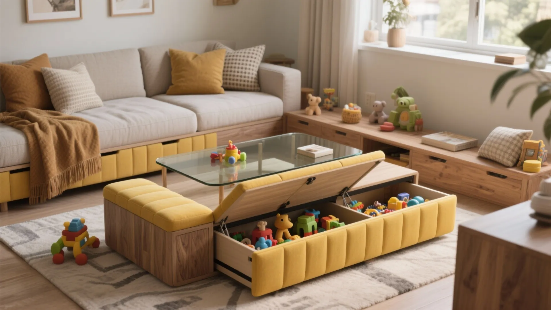 Living room featuring a sofa, glass table, and yellow storage footrest filled with colorful toys