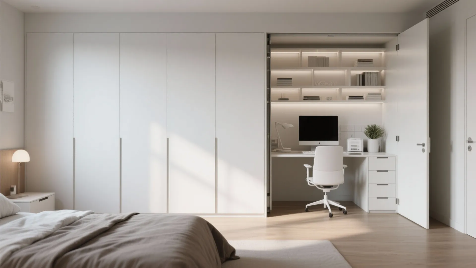 Minimalist white bedroom featuring a hidden desk inside a large cabinet with integrated shelf lighting