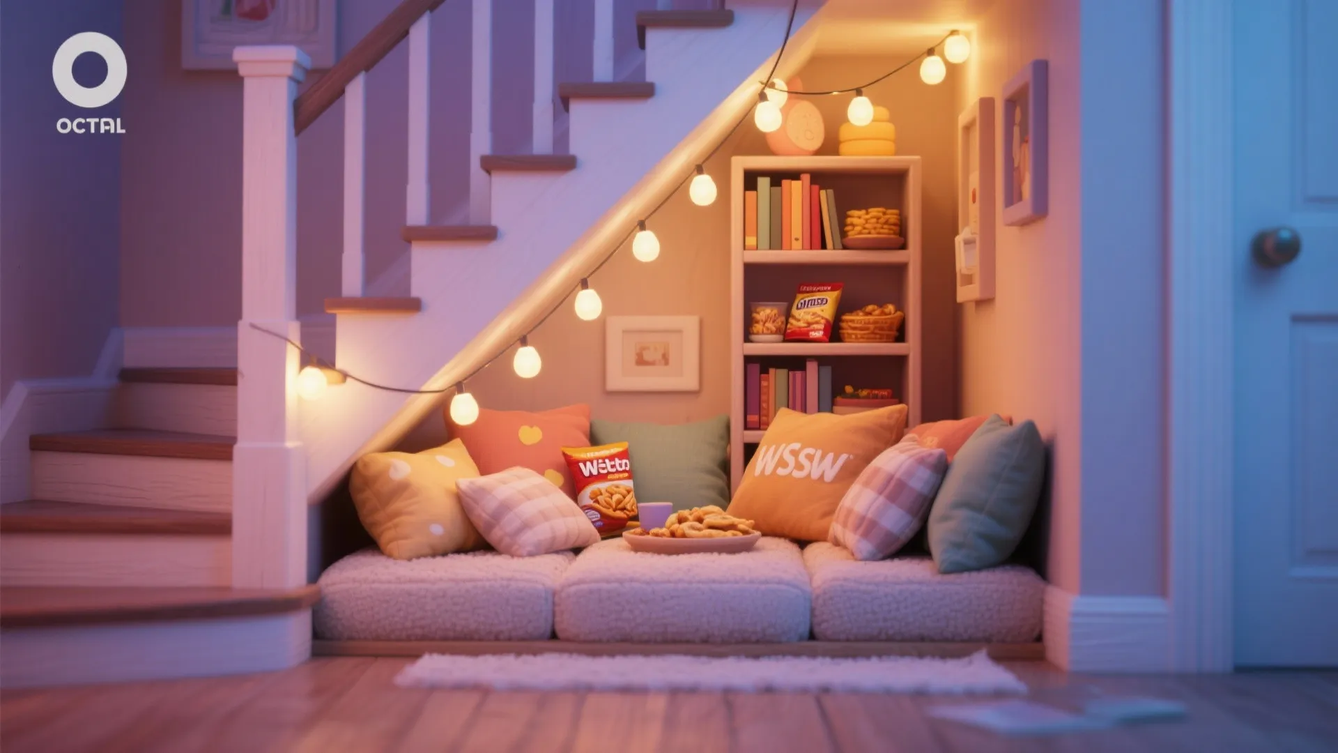 Cozy reading nook under stairs with colorful pillows string lights bookshelf snacks and soft floor cushions