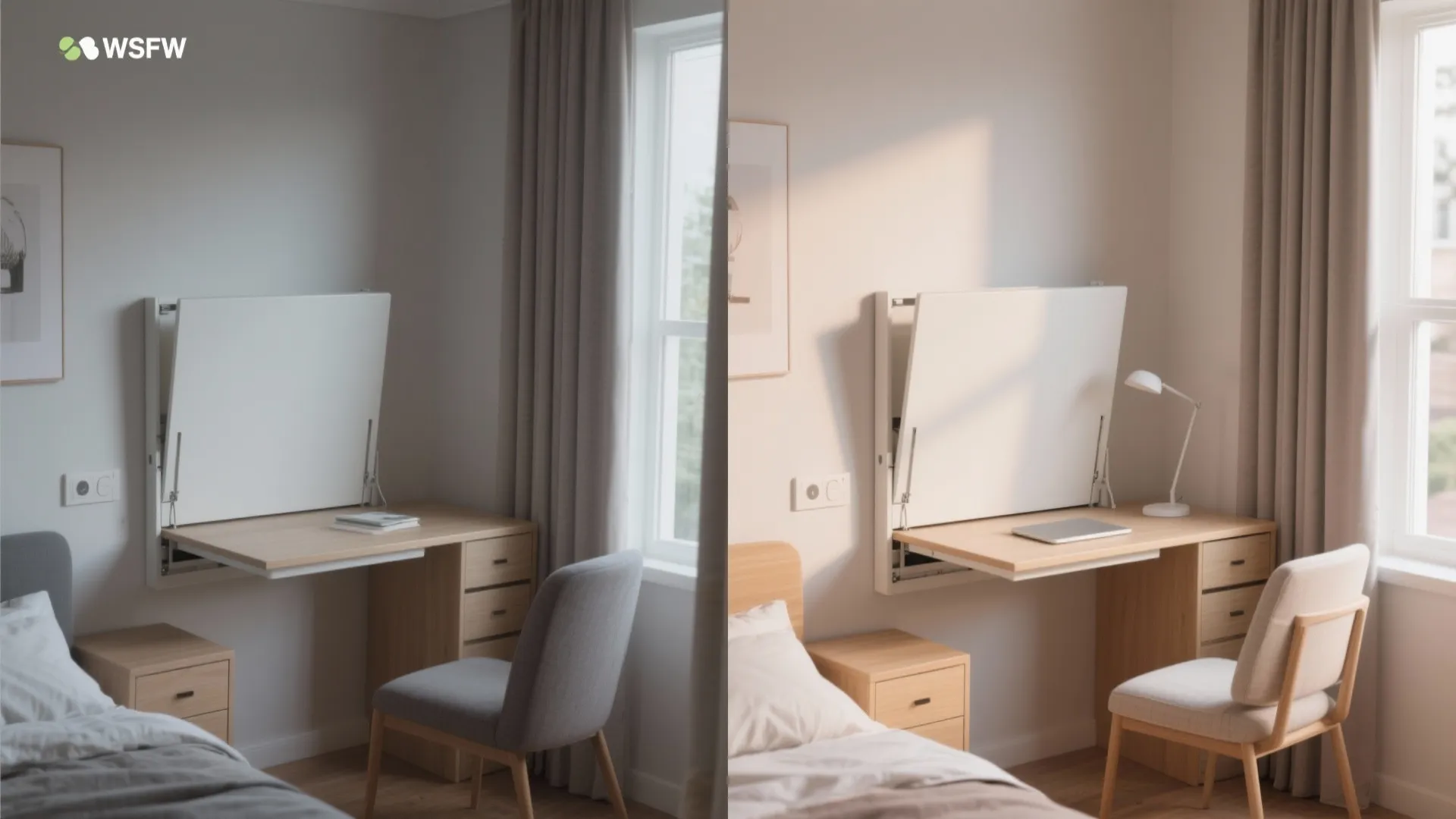 Split screen showing a white folding desk with a grey chair and a table lamp