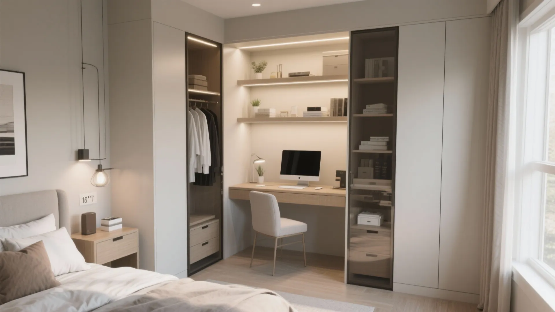 Small home office desk built into a white bedroom closet with shelving and warm lighting
