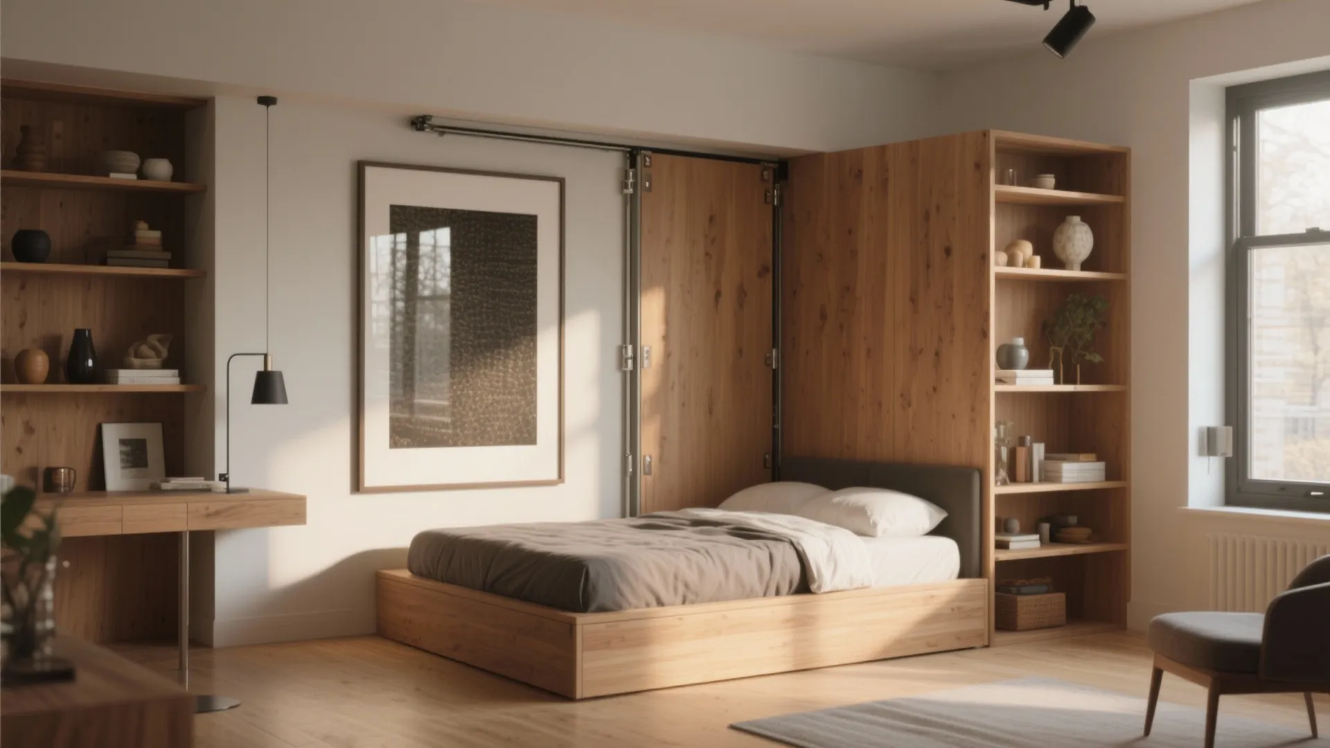 Wooden bed with grey bedding next to tall bookshelves and a small desk with lamp