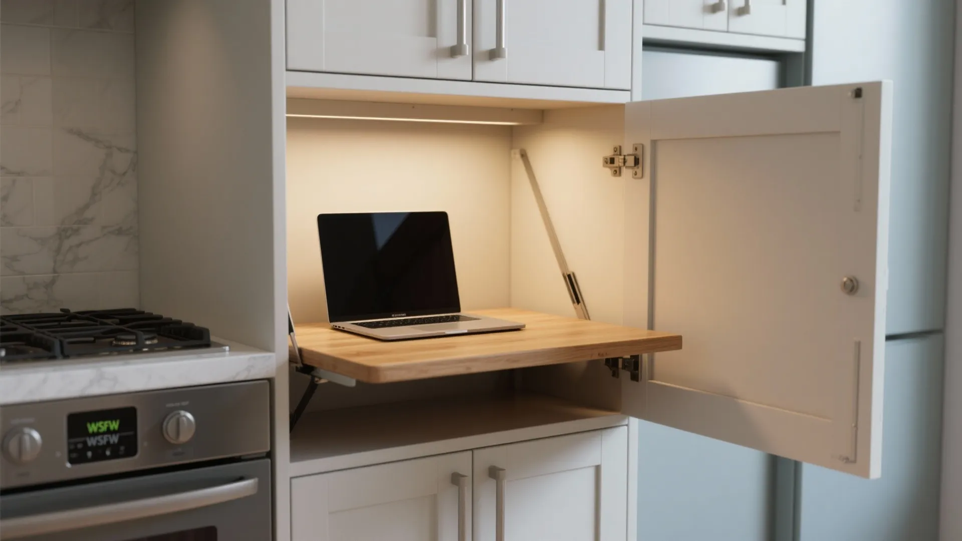 Kitchen cabinet converted into a fold-down laptop workstation