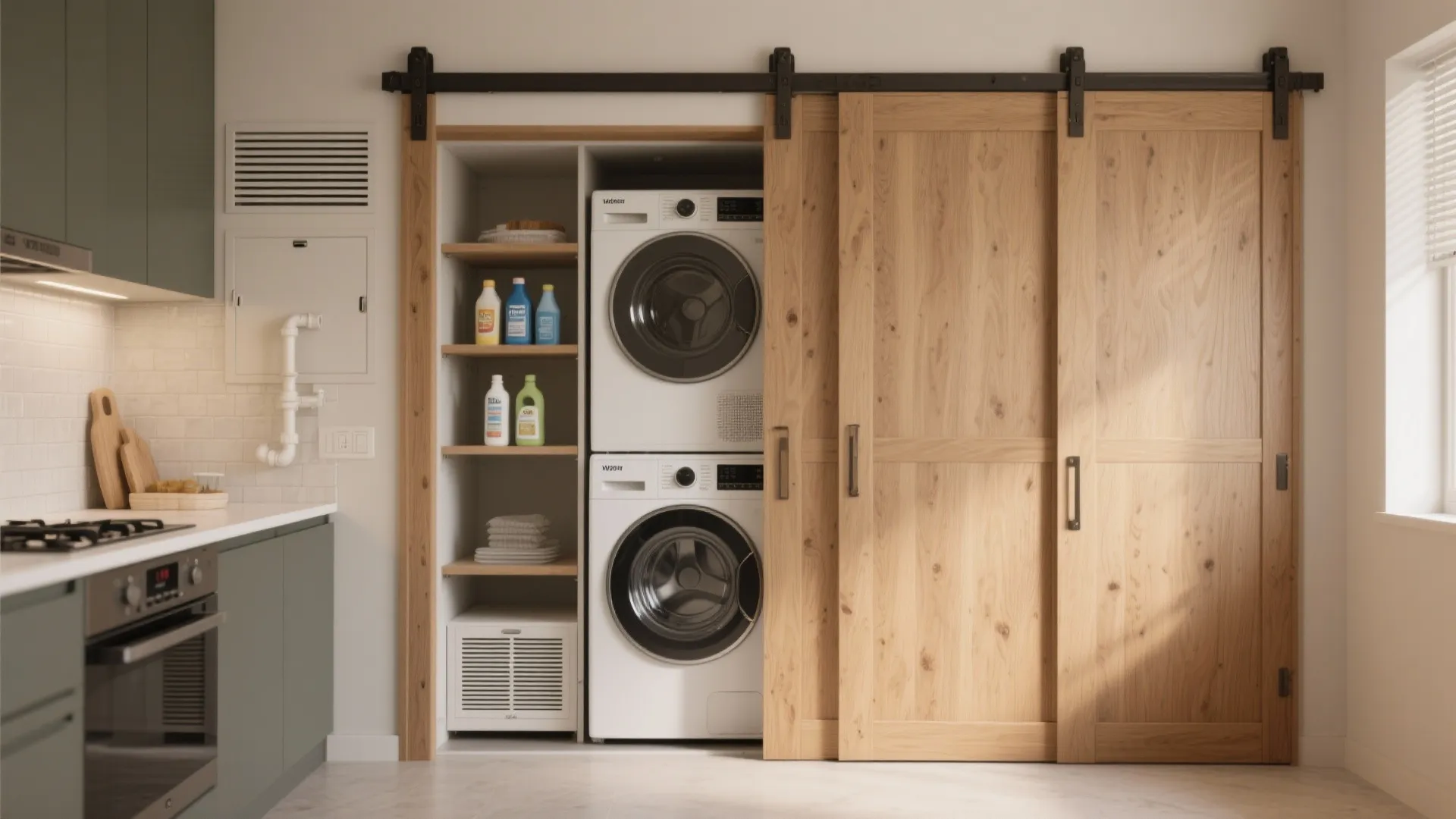Laundry area hidden behind sliding wood barn doors featuring stacked washing machine and dryer with shelves