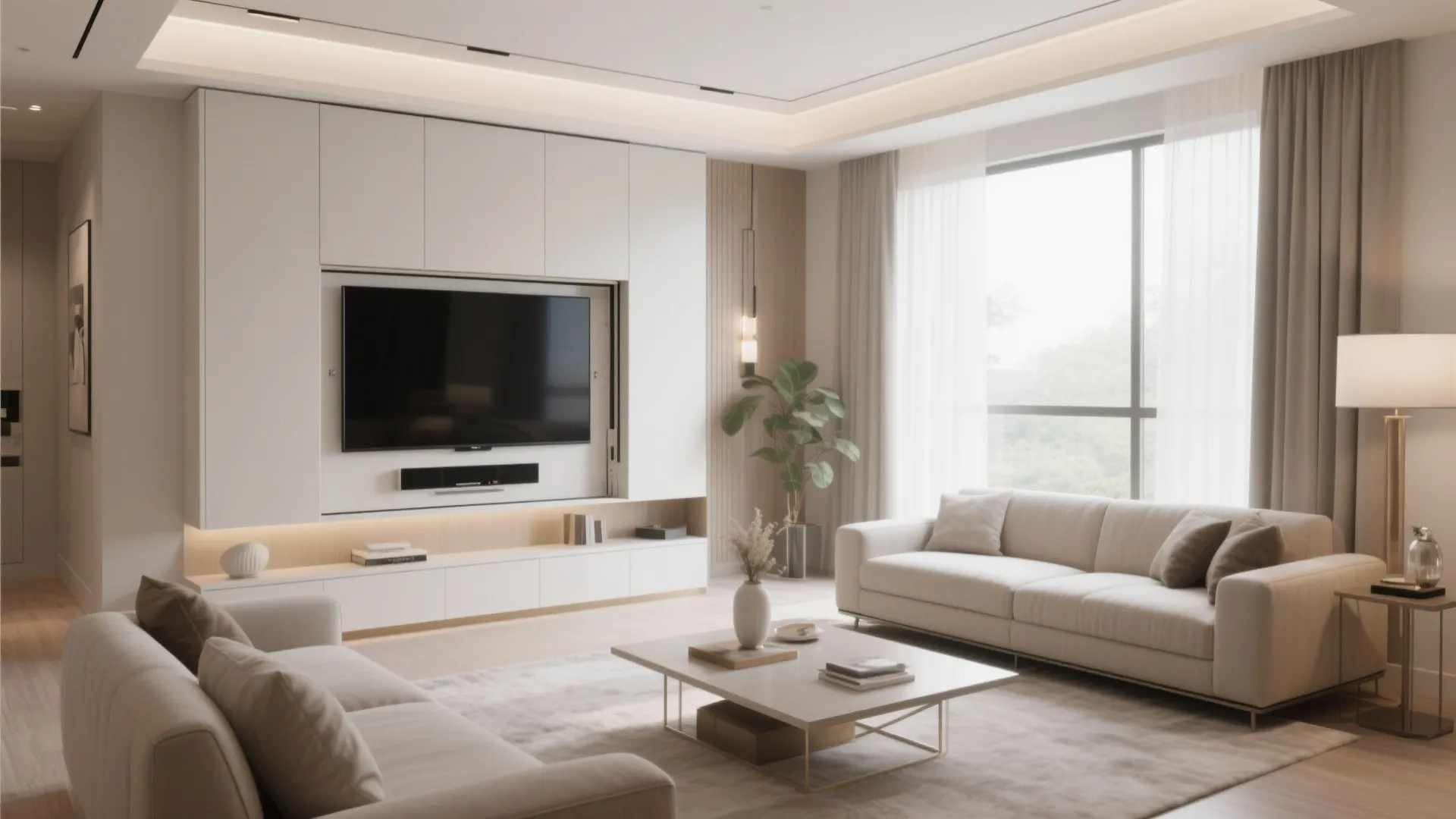 Bright minimalist living room with white sofa coffee table large windows and integrated wall cabinet unit