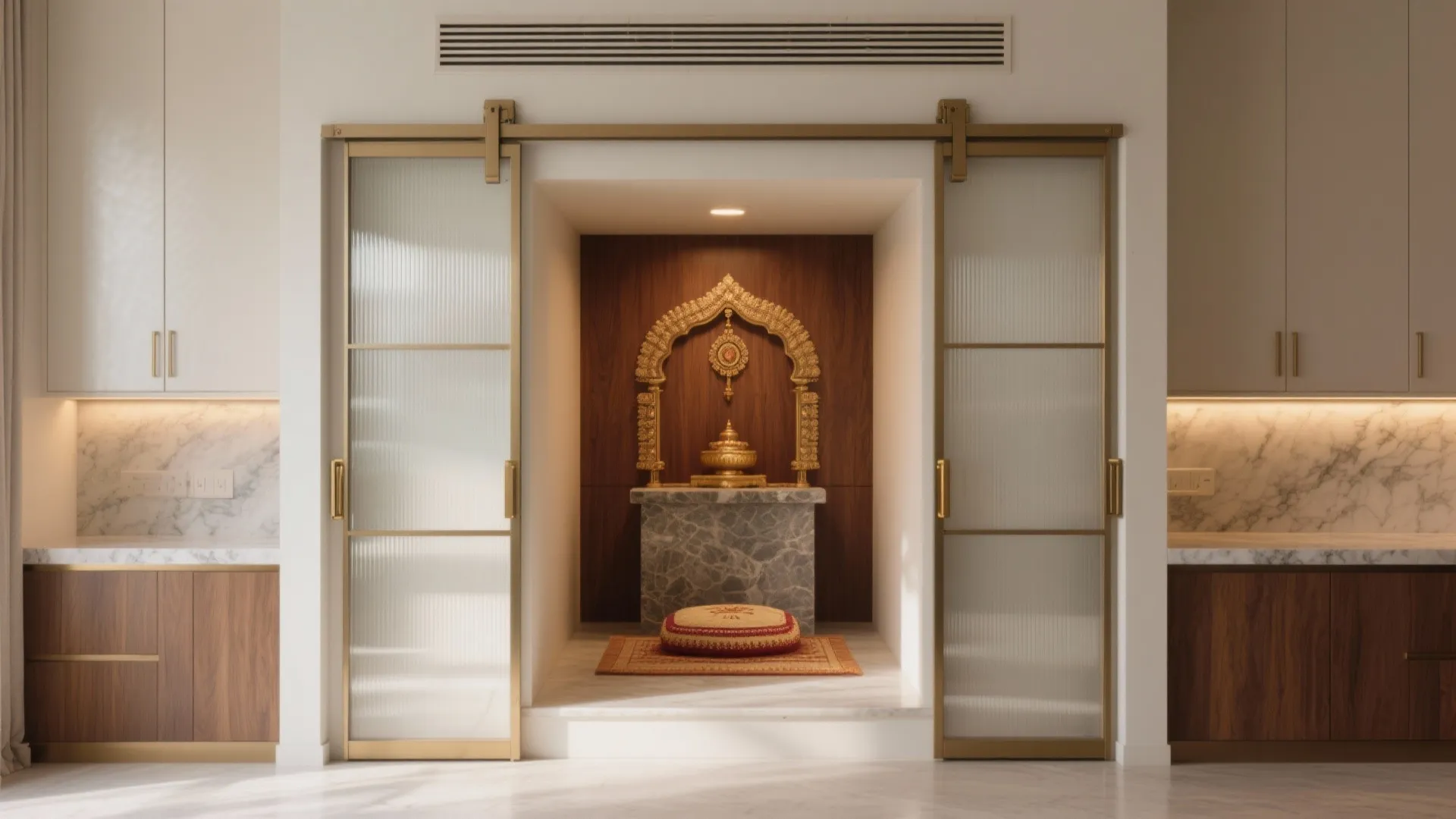 Modern prayer room with gold sliding doors marble pedestal wood wall panel and white kitchen cabinets
