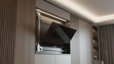 Hidden TV Lift System in Modern Bedroom