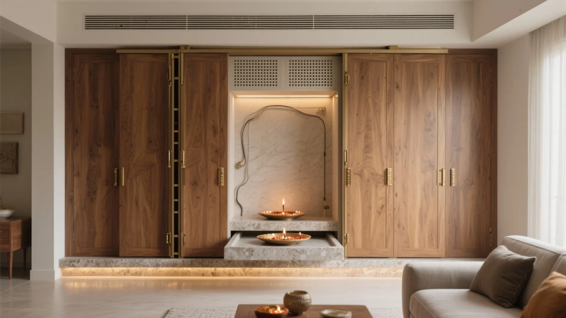 Modern wooden cabinet with folding doors revealing a marble prayer space with warm light fixture