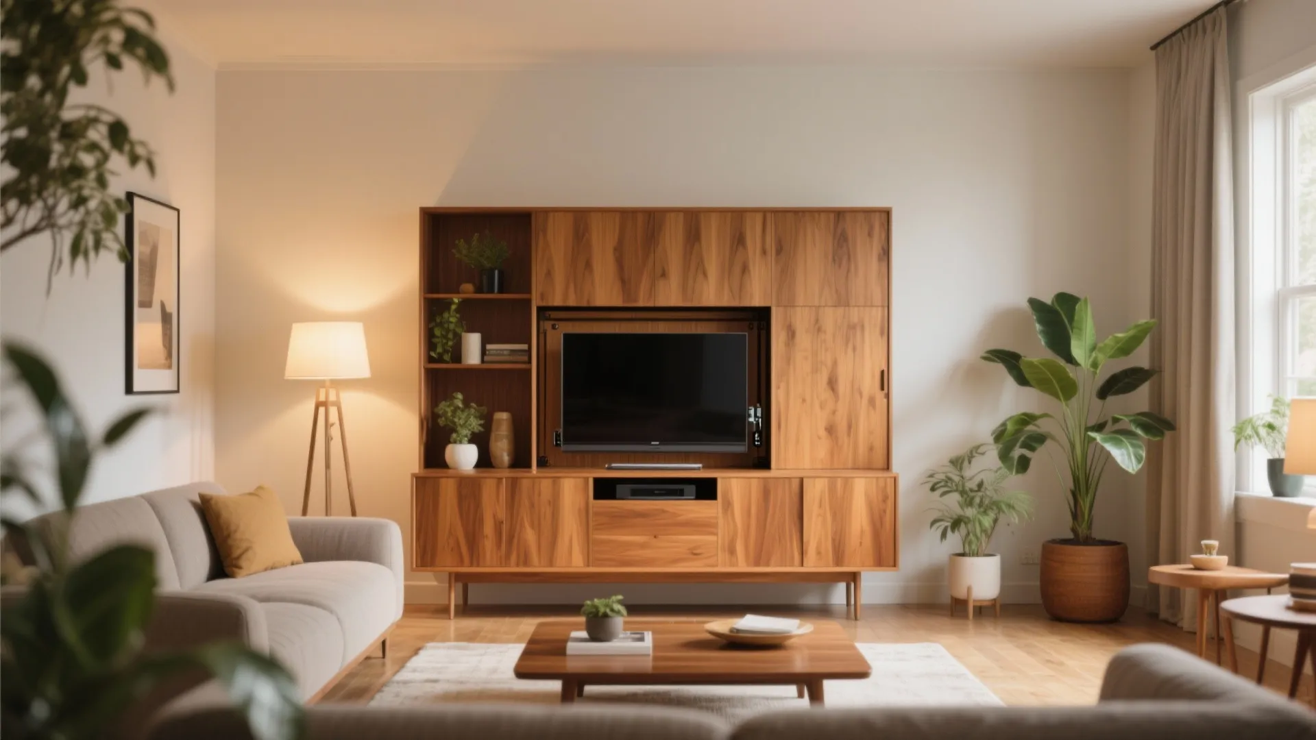Modern living room with wooden wall cabinet and television plus grey sofa and green plants