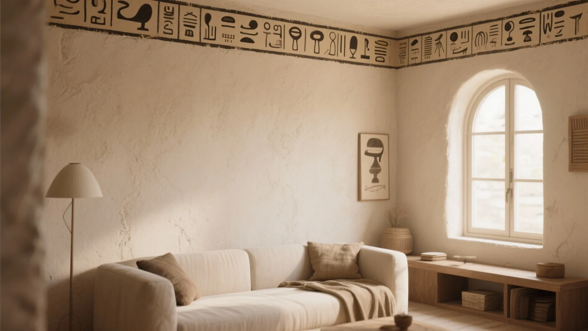 Horizontal band of simplified hieroglyphs painted at eye level in a modern room.