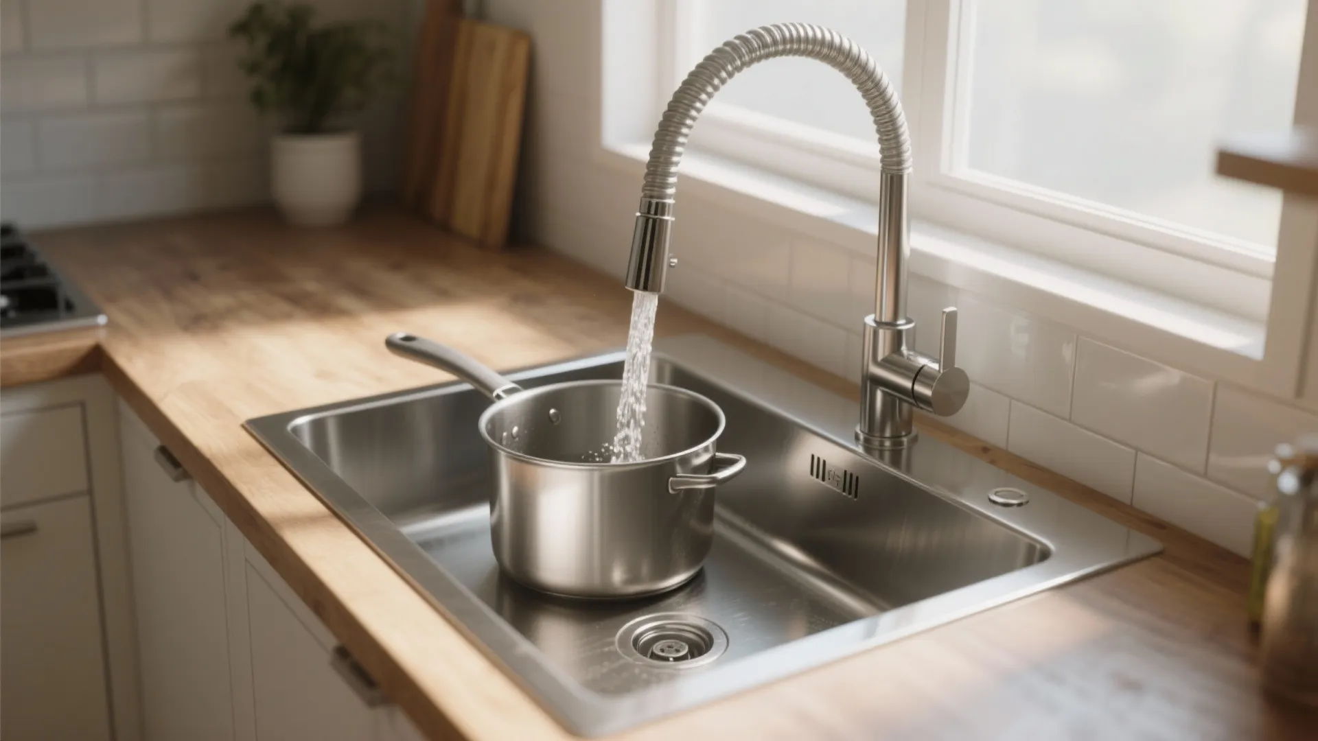 High-arc pull-down faucet in a small kitchen reaching into a pot on a narrow counter.