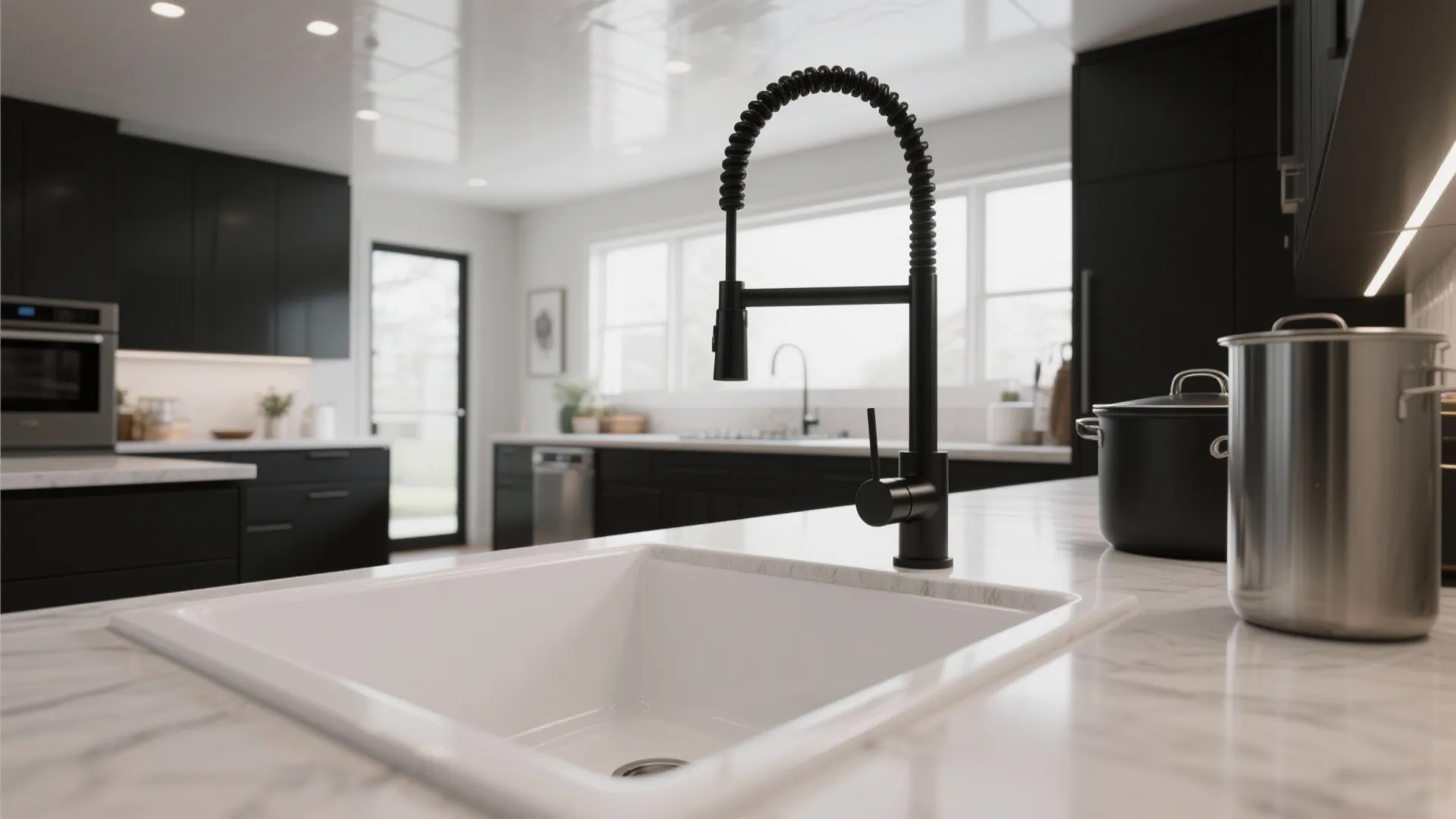 Modern black kitchen tap with pull down sprayer over white sink in dark cabinet kitchen