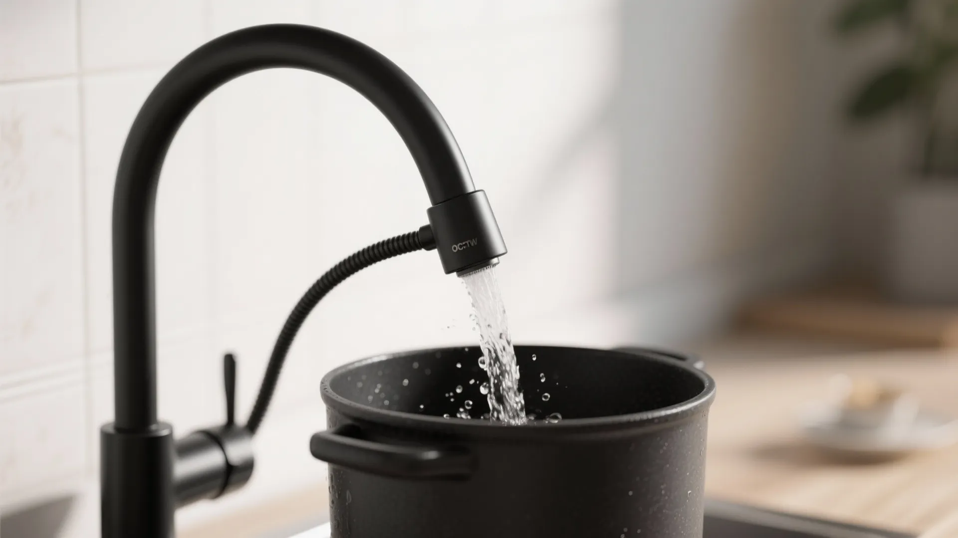 Black high-arc kitchen faucet with a pull-down sprayer filling a large black pot with water