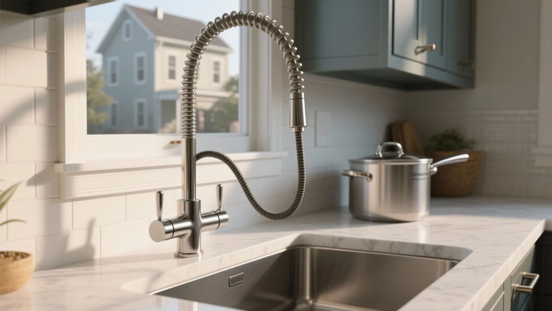 5. High-arc dual handles with a retractable sprayer hose