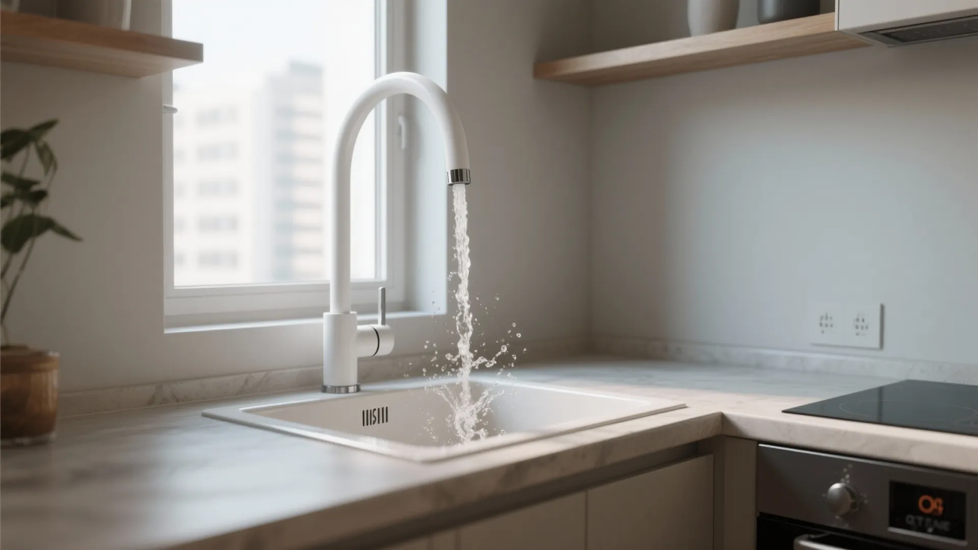 5. High-arc white faucet to open visual space
