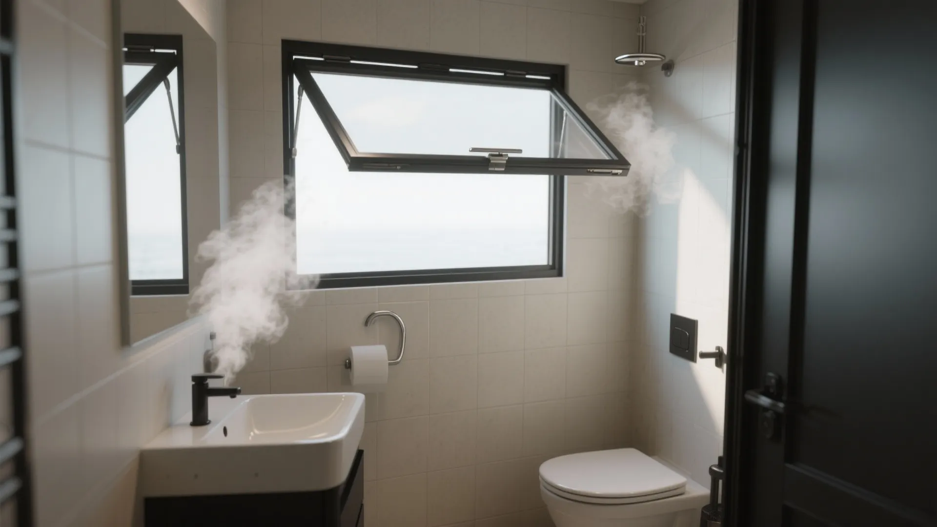 High-set awning bathroom window venting steam with stainless hardware and translucent glazing.