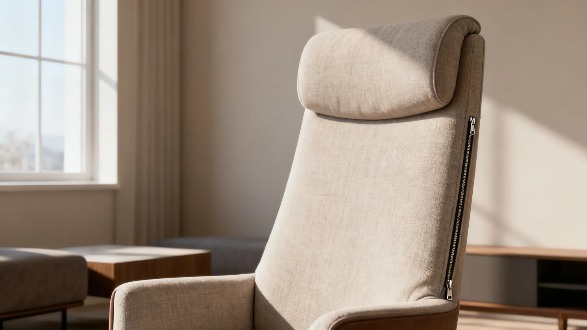 High-back upholstered armchair showing neck support and removable cover detail in a serene room