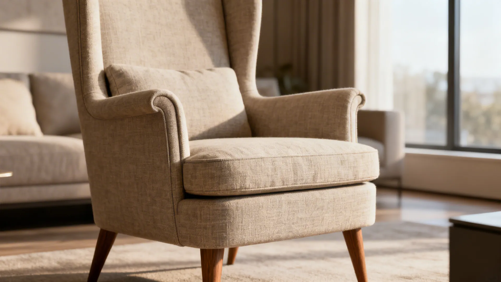 High-back armchair with extended seat depth and tapered arms in a modern living room.