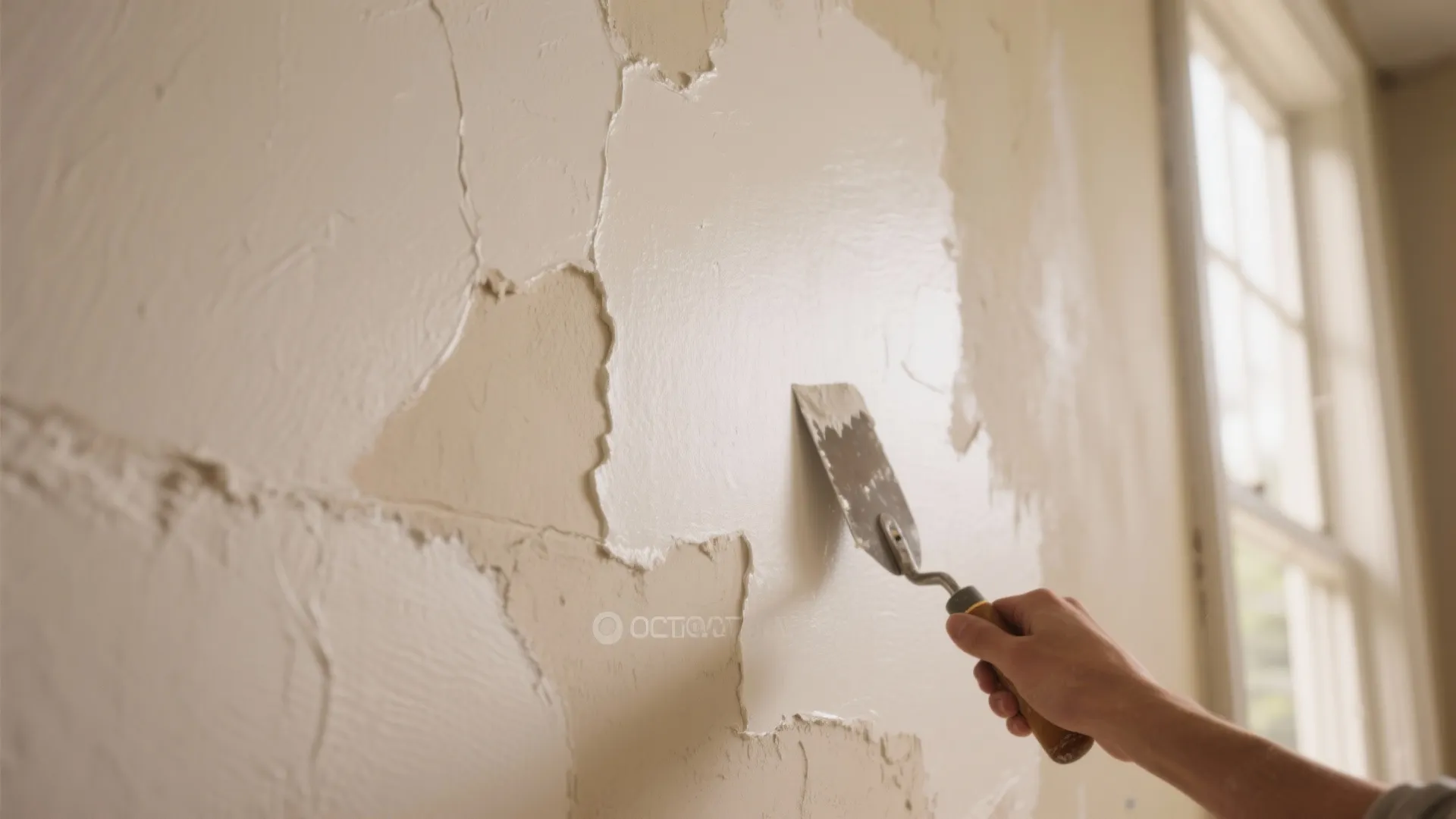 A person using a small metal tool to apply white plaster onto a damaged wall