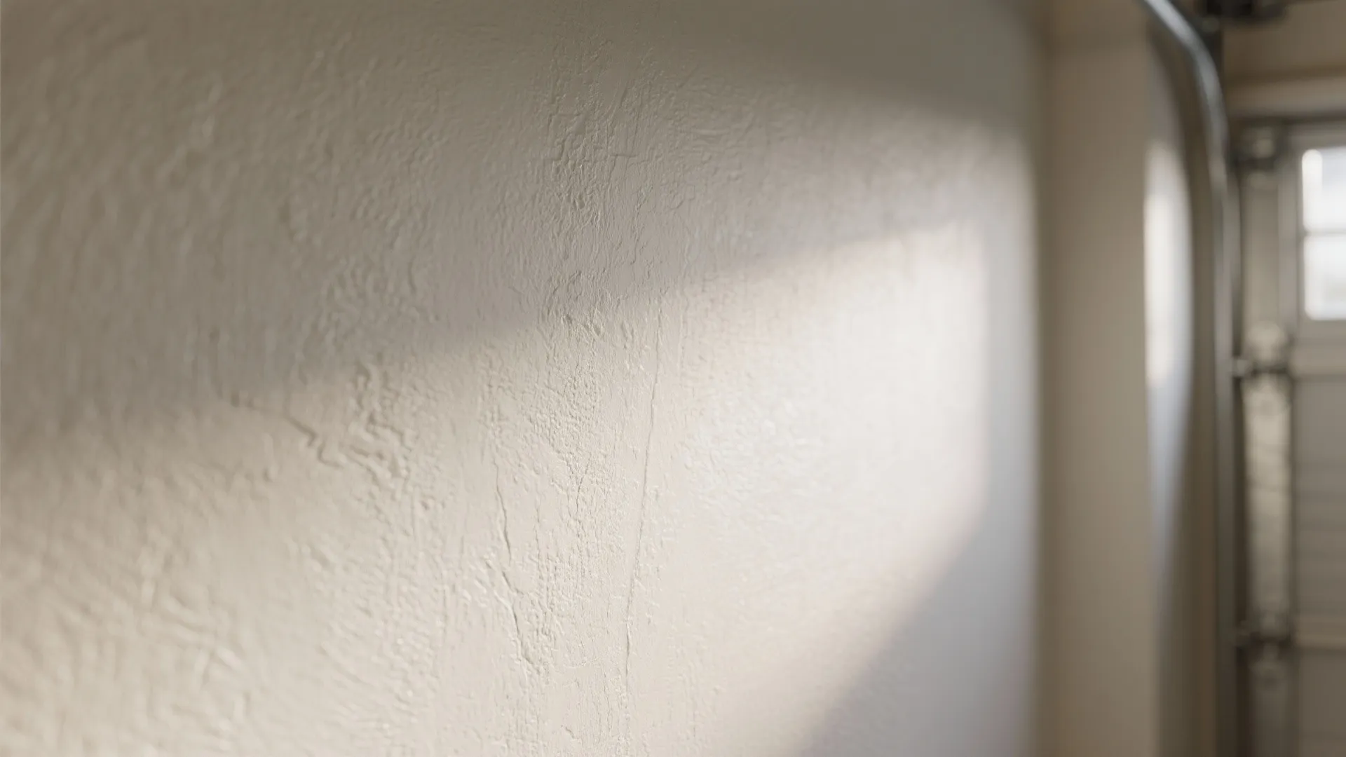 Close up of a white textured wall inside a garage with light from the door window