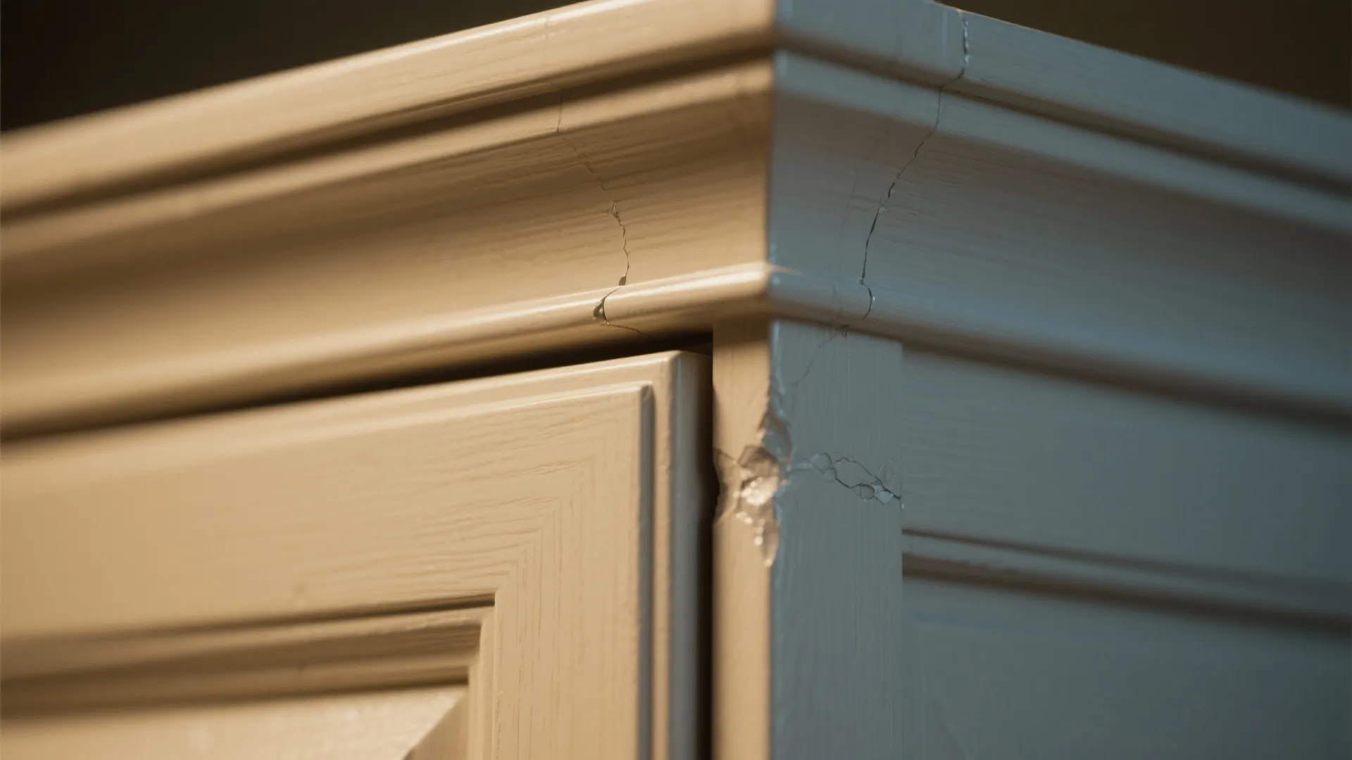 Close up of a cream cabinet door showing cracks and damage on the top corner
