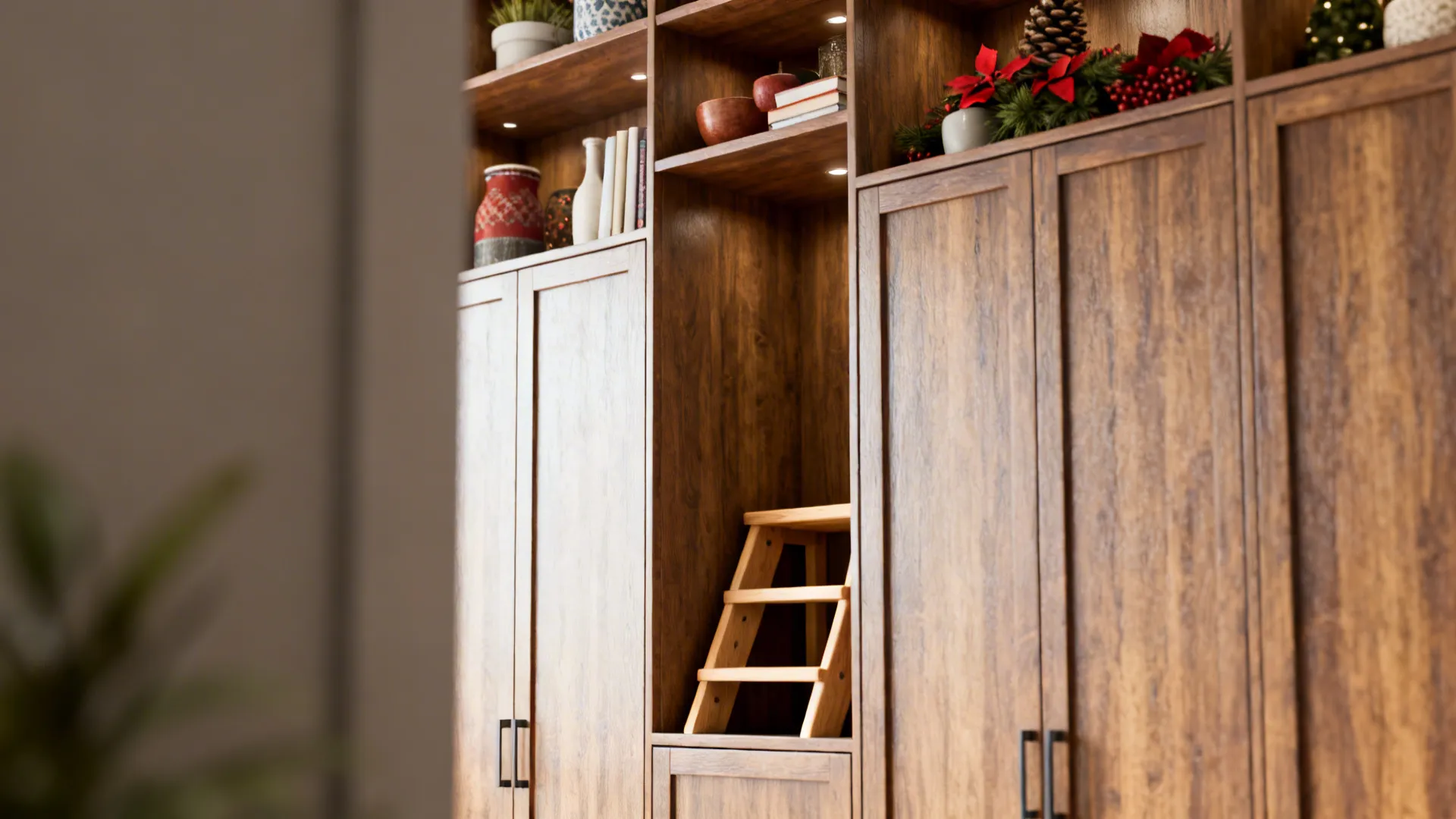Tall kitchen cabinets with a stored step-stool and seasonal items on upper shelves.