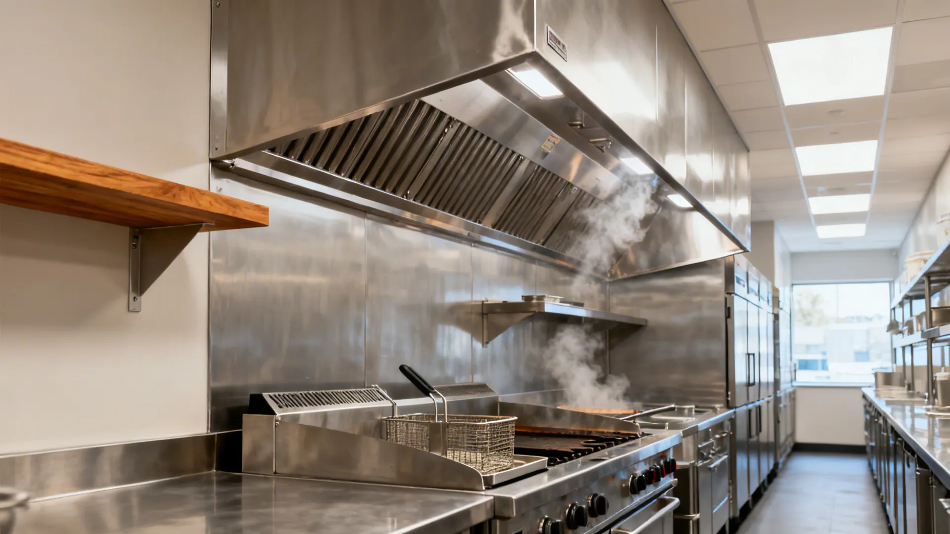 Deep canopy hood with extended overhang and side panels capturing steam over a fryer and griddle in a narrow kitchen.