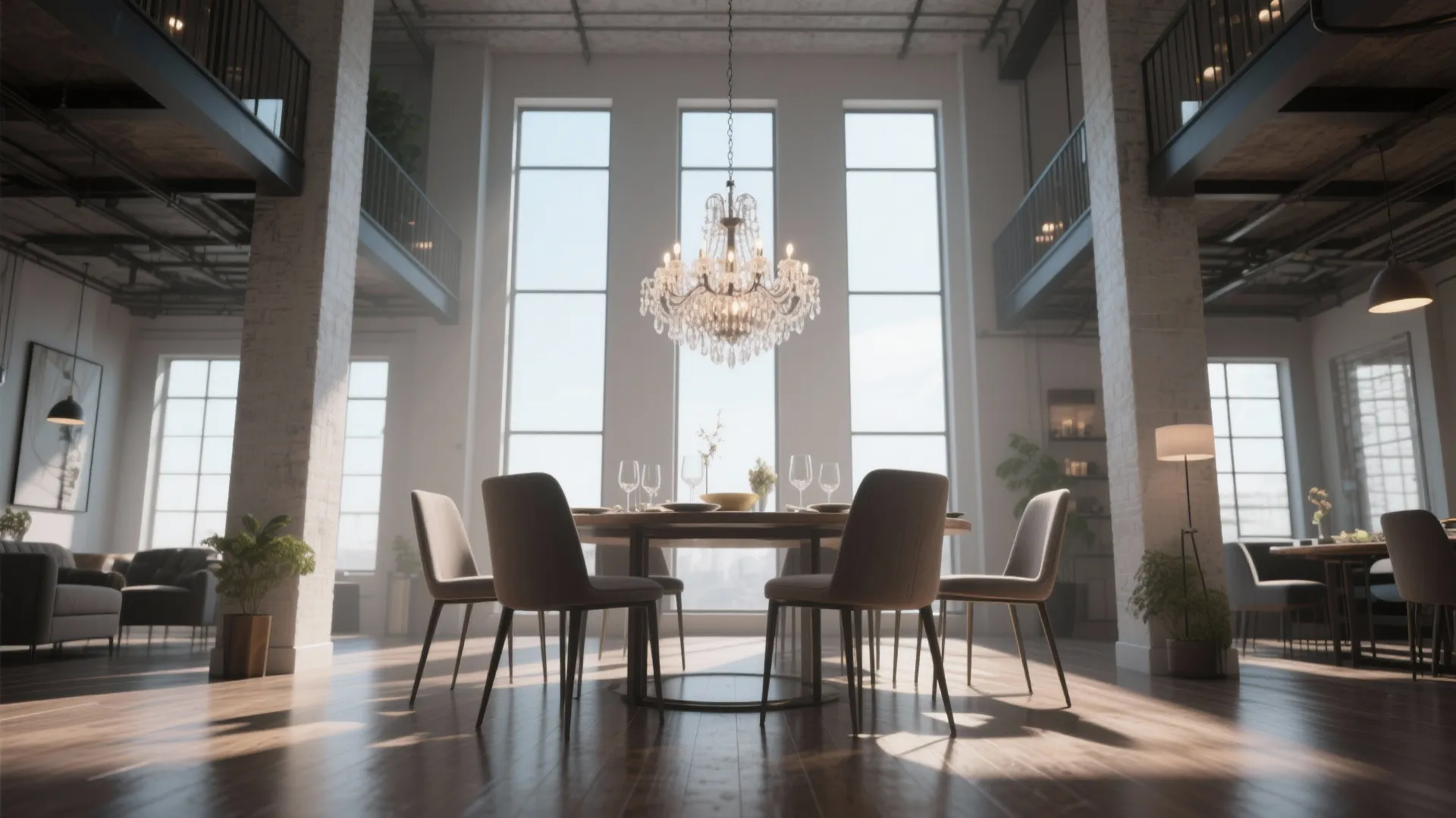 Airy loft dining area with chandelier bottom about 66–72 inches above the floor, highlighting proportion.