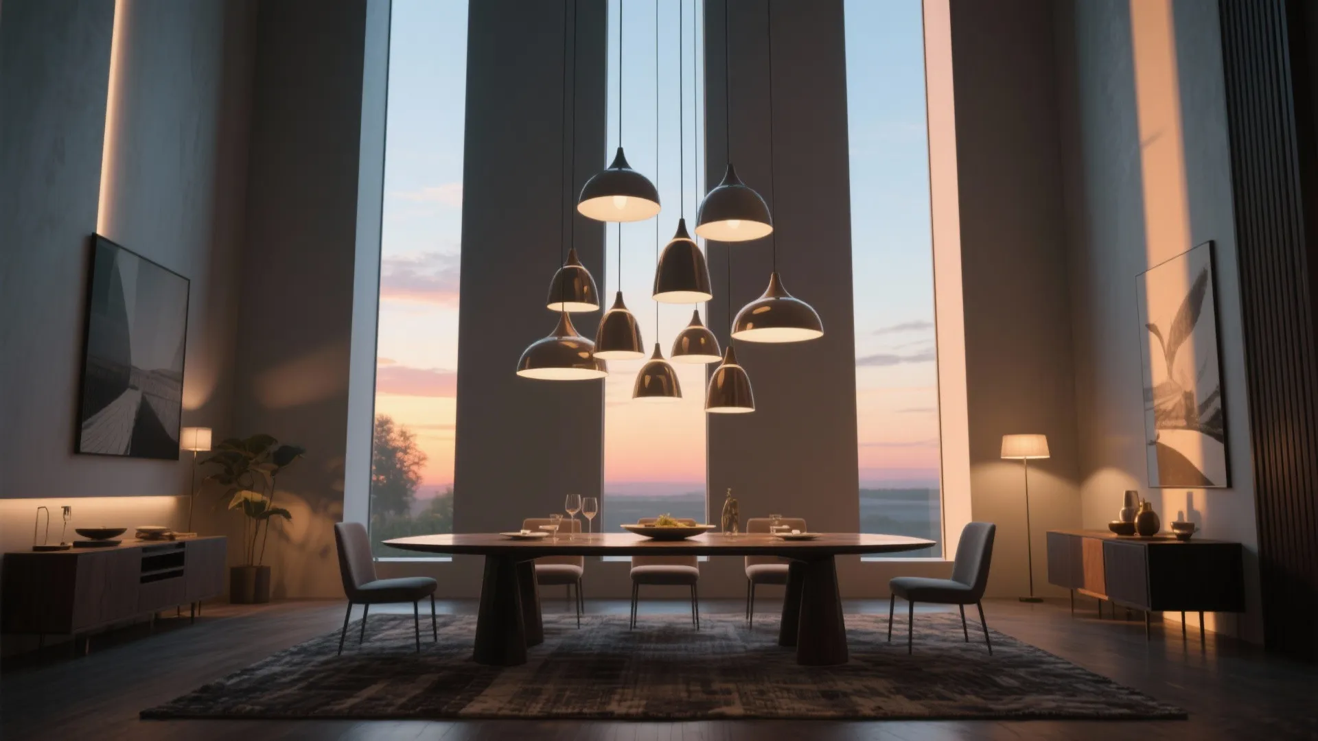 Modern dining room with large wooden table grey chairs hanging ceiling light tall sunset windows
