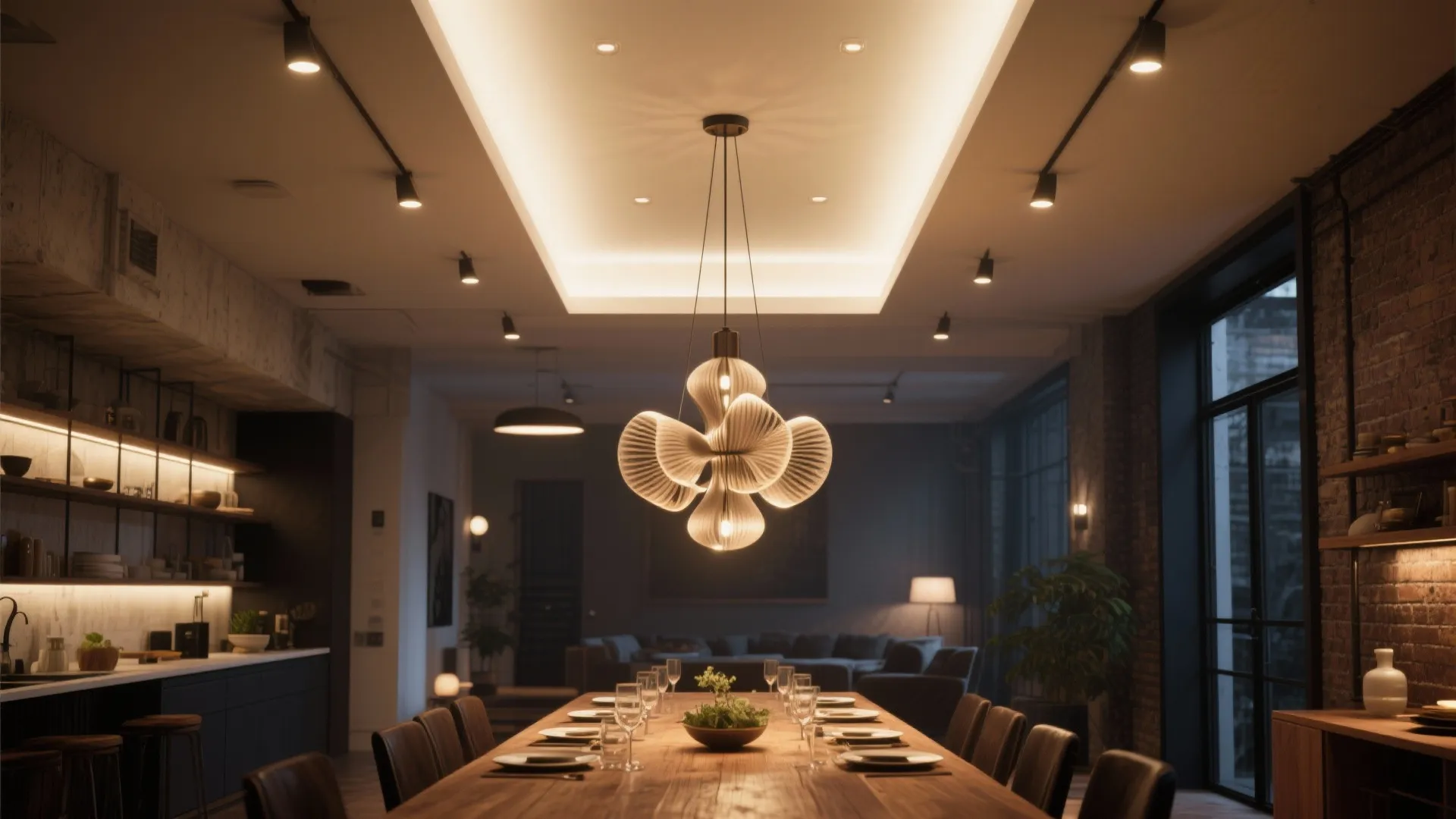 Modern dining room with large wooden table and unique ceiling light over a long table