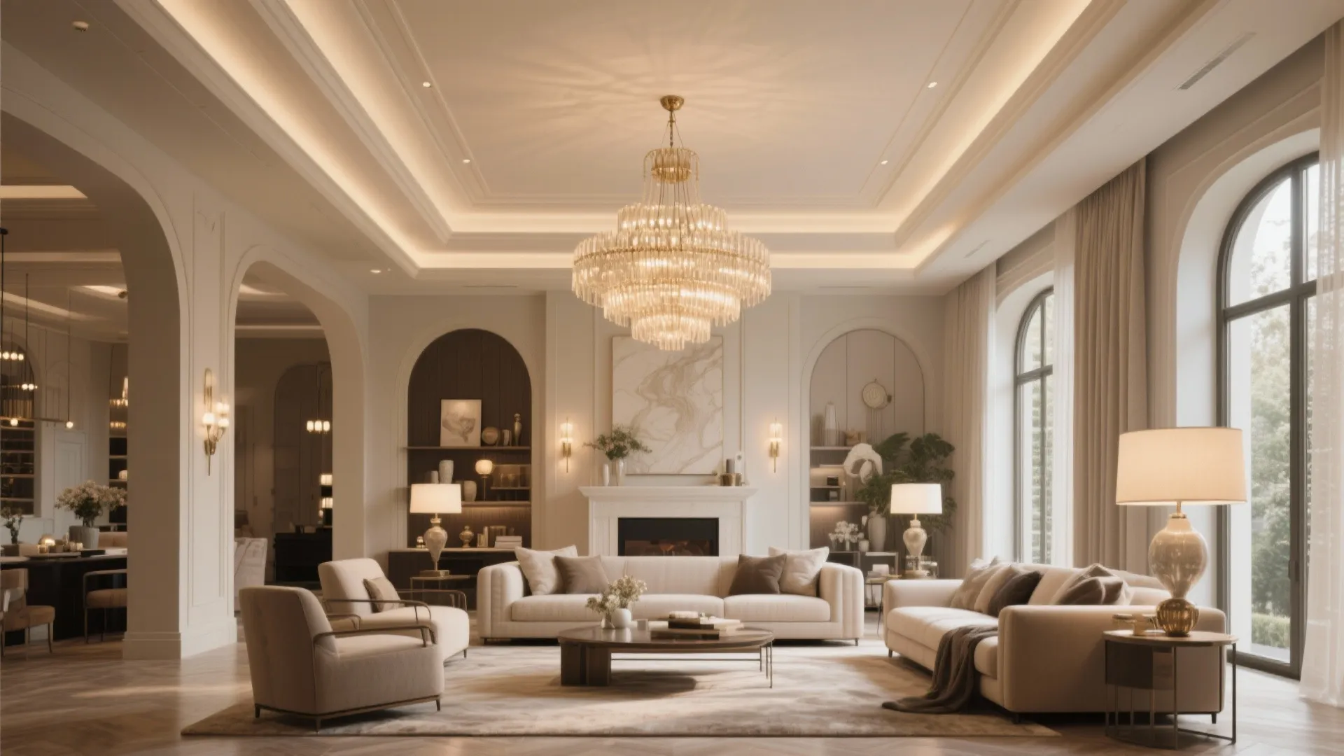 Luxury living room with large crystal ceiling light white sofas fireplace and high arched windows