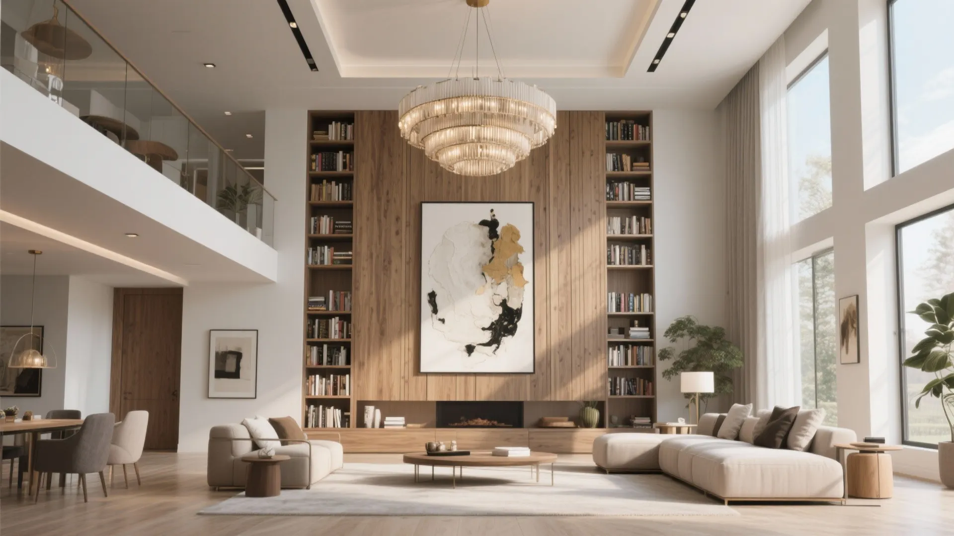 Spacious high ceiling living room with large ceiling light wooden wall bookshelves and comfortable beige furniture