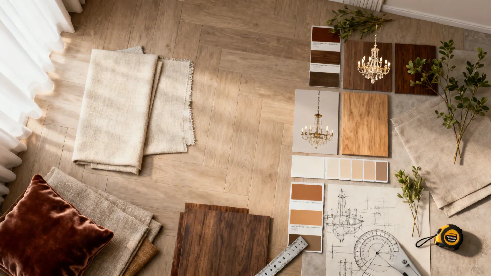Interior design moodboard with wood flooring samples fabric swatches color palettes and a room sketch