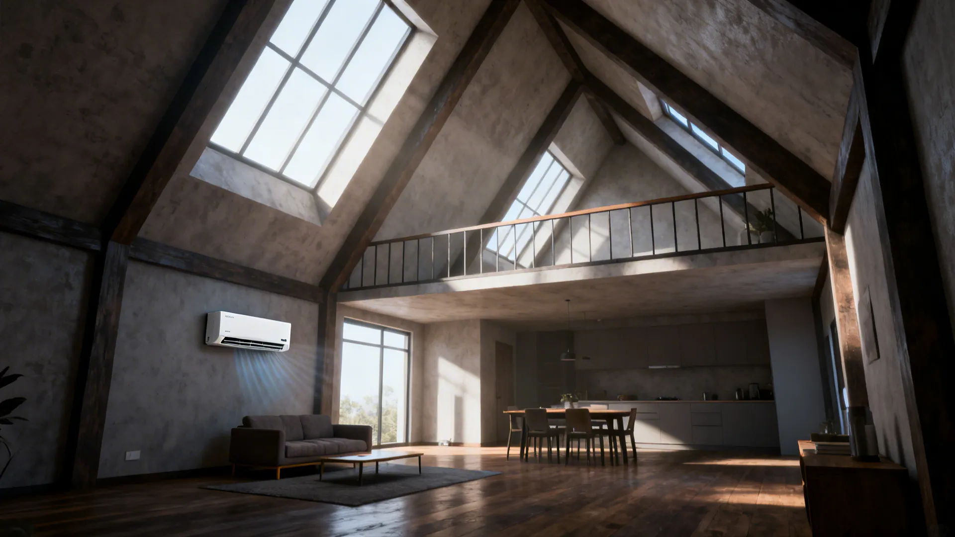 Open-plan living room with vaulted ceilings and a small AC unit showing the challenge of cooling high-volume spaces.