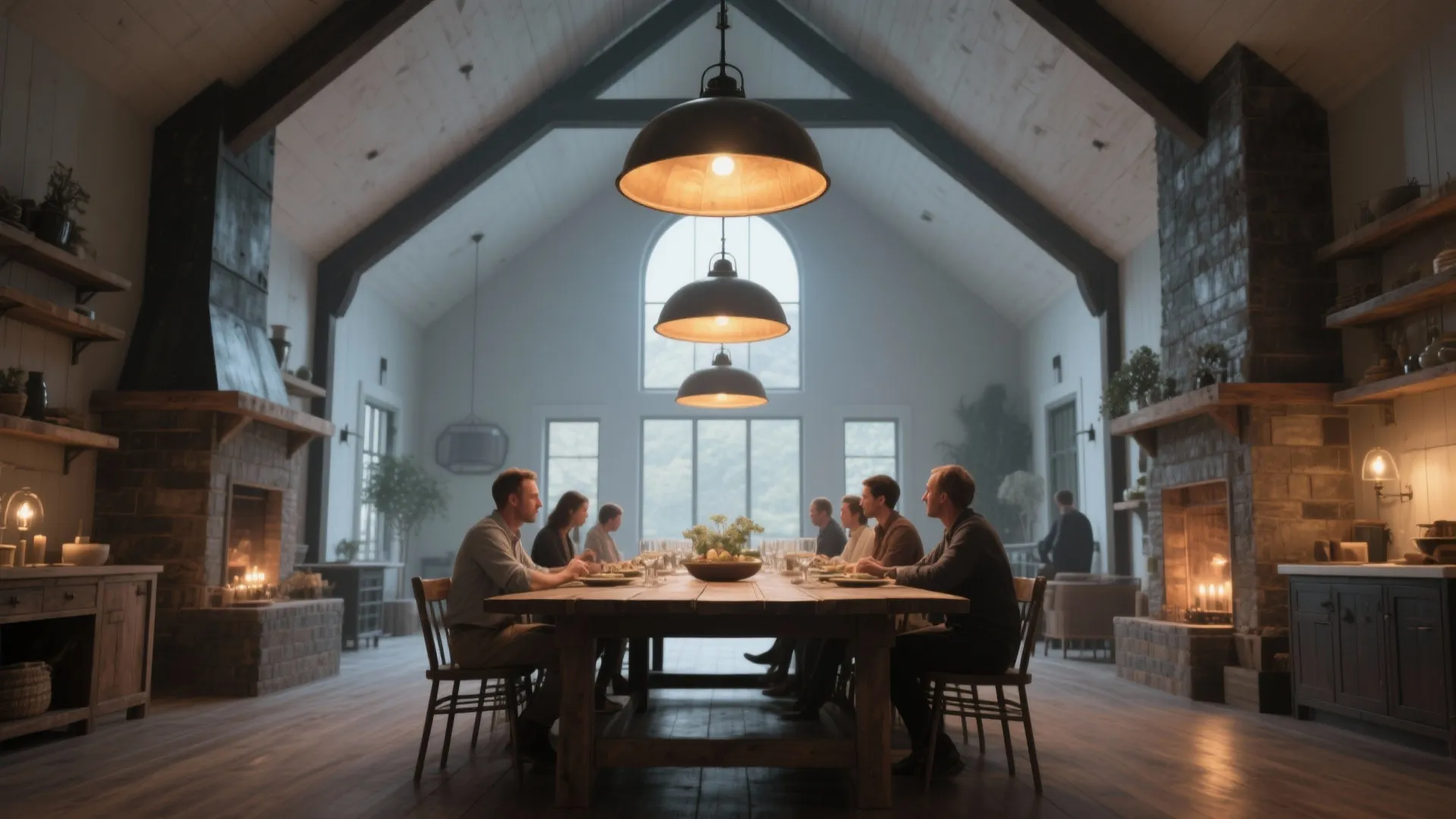 Large dining room with high ceiling and three black ceiling lights above a long table