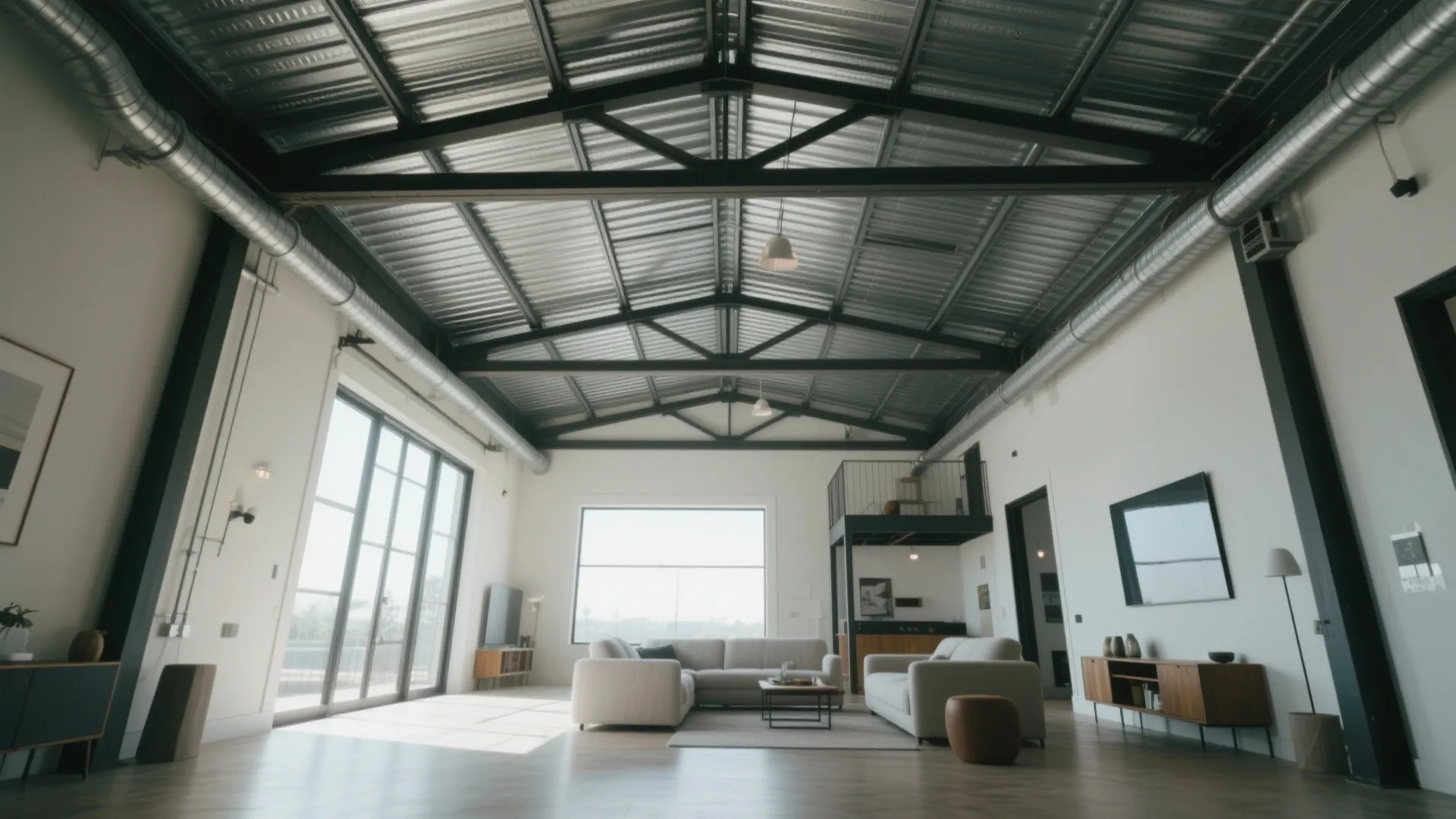Spacious industrial living room with high metal ceiling beams white walls and modern beige sofa
