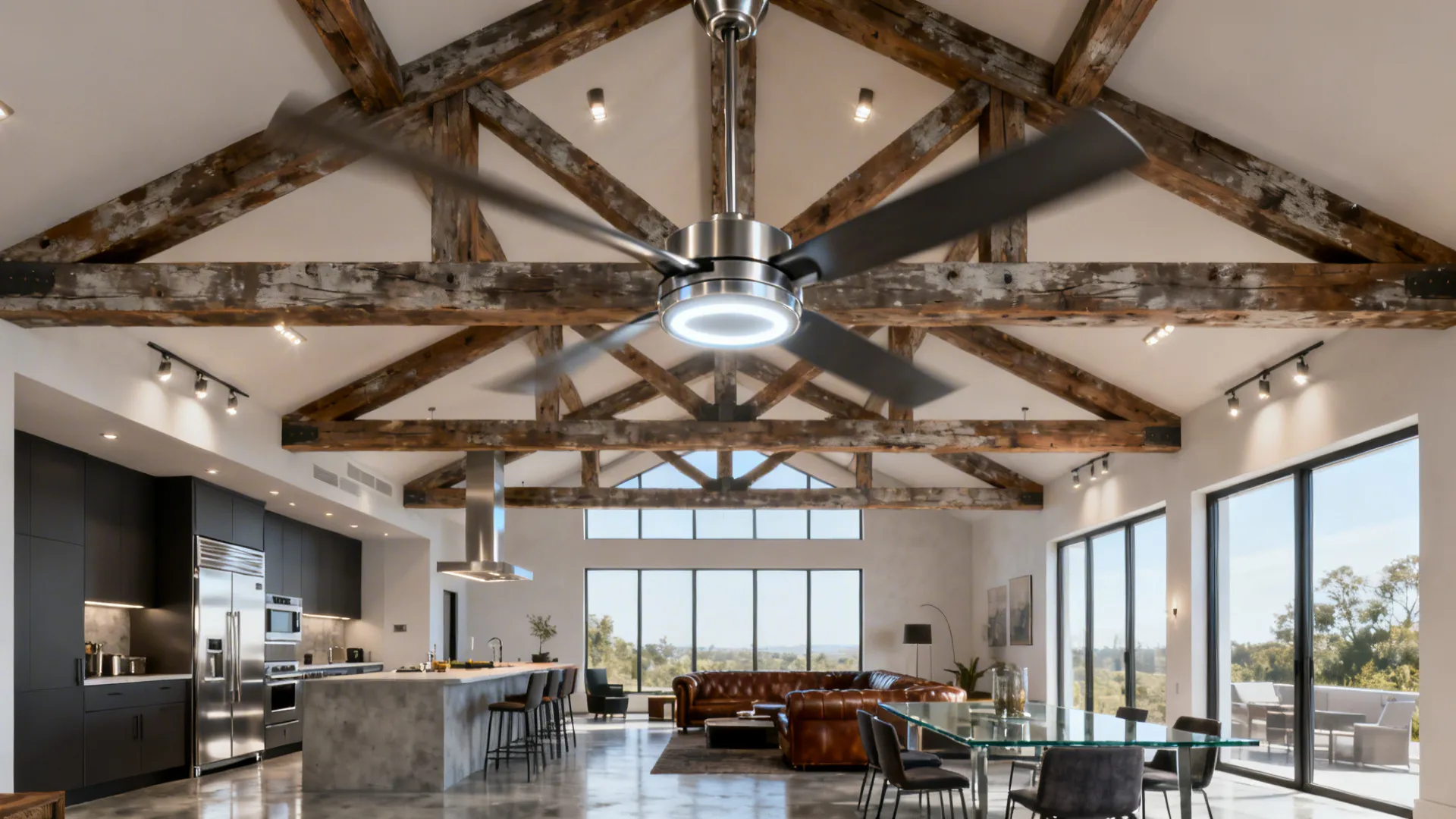 Modern open plan interior with vaulted wood beam ceiling kitchen island and industrial ceiling fan