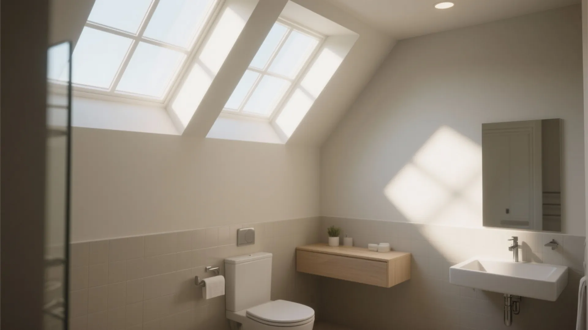 Small bathroom with high clerestory windows letting in sunlight