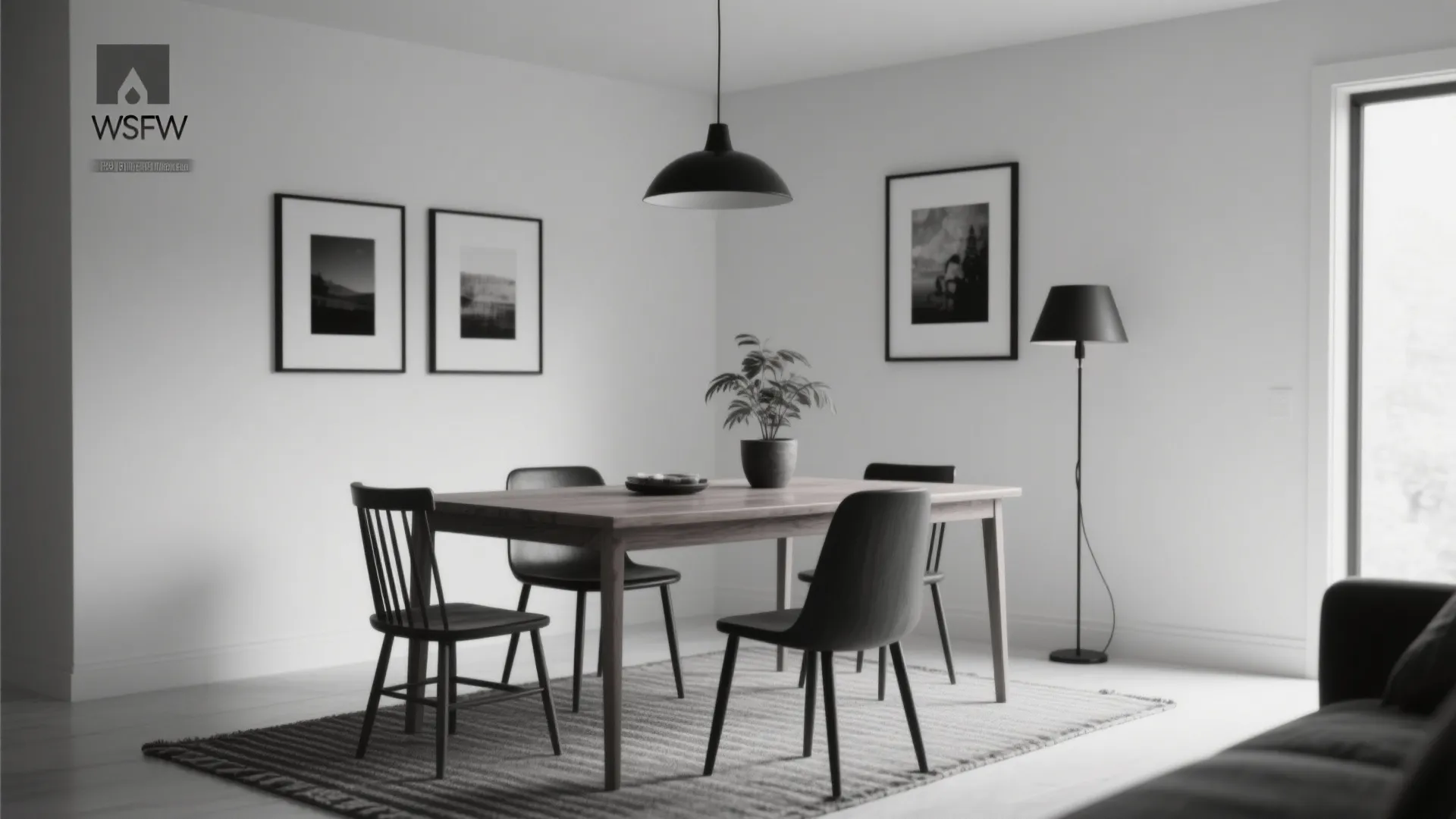 Modern black and white dining room with wooden table dark chairs ceiling light and rug