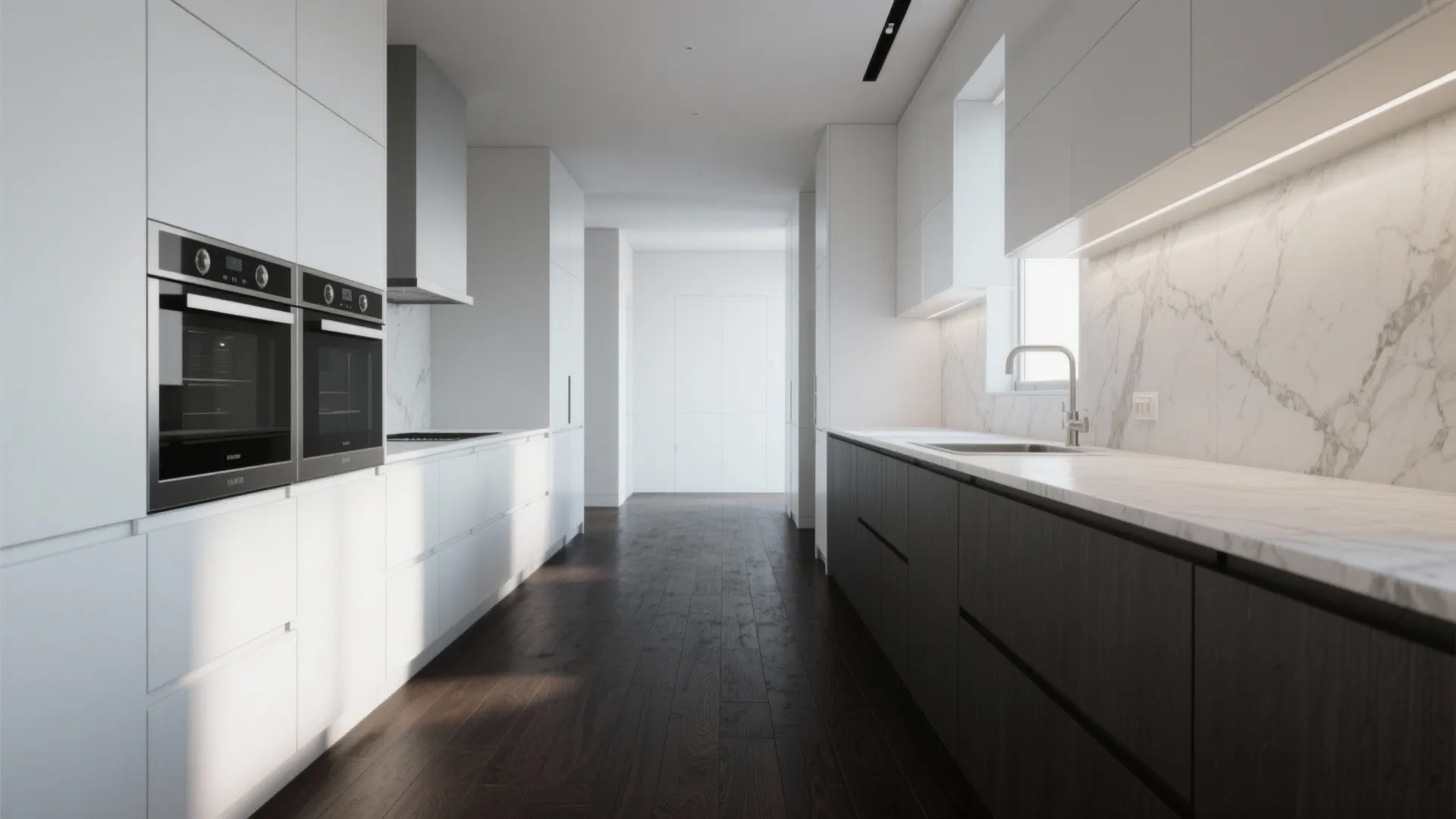 Modern minimalist kitchen with white cabinets dark wood island marble counters and bright natural light