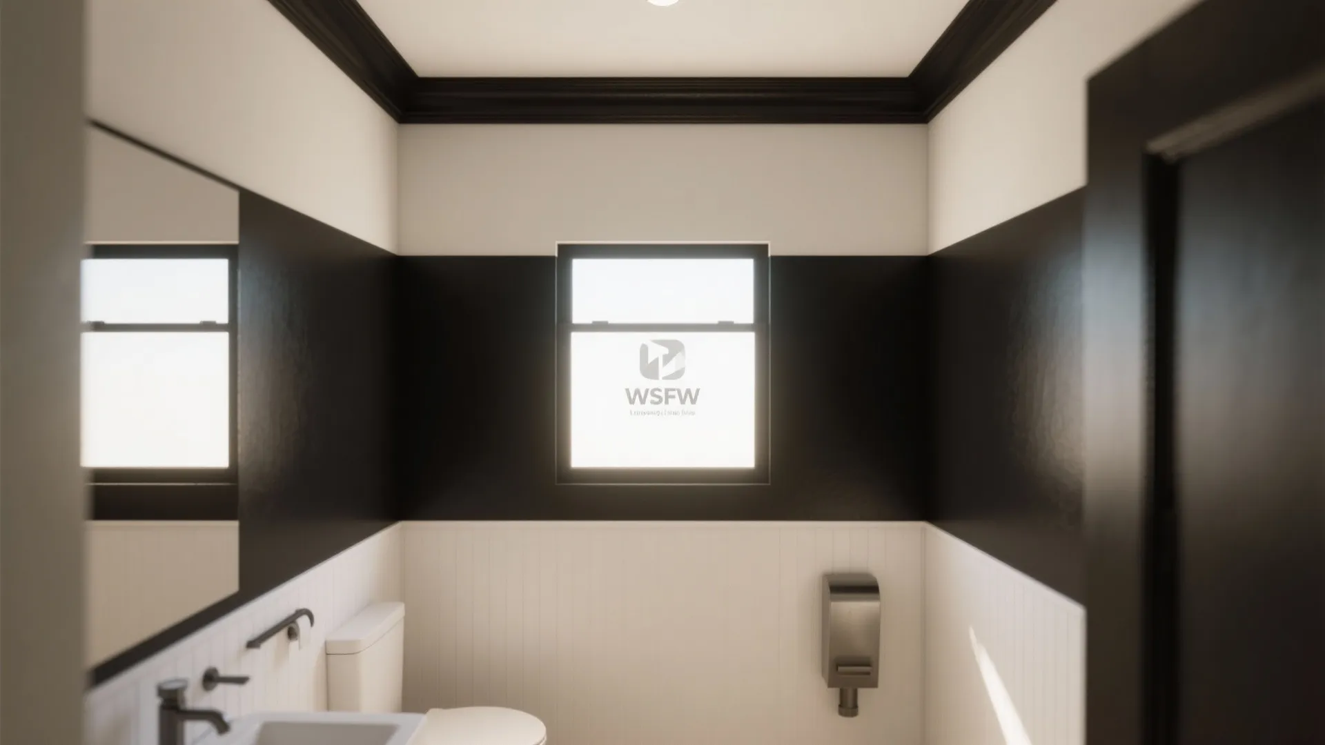 Modern bathroom with high contrast black and white walls a small window and a white sink