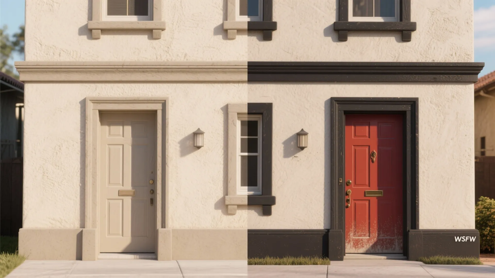 Side by side comparison of beige house entrance versus dark trim and red front door