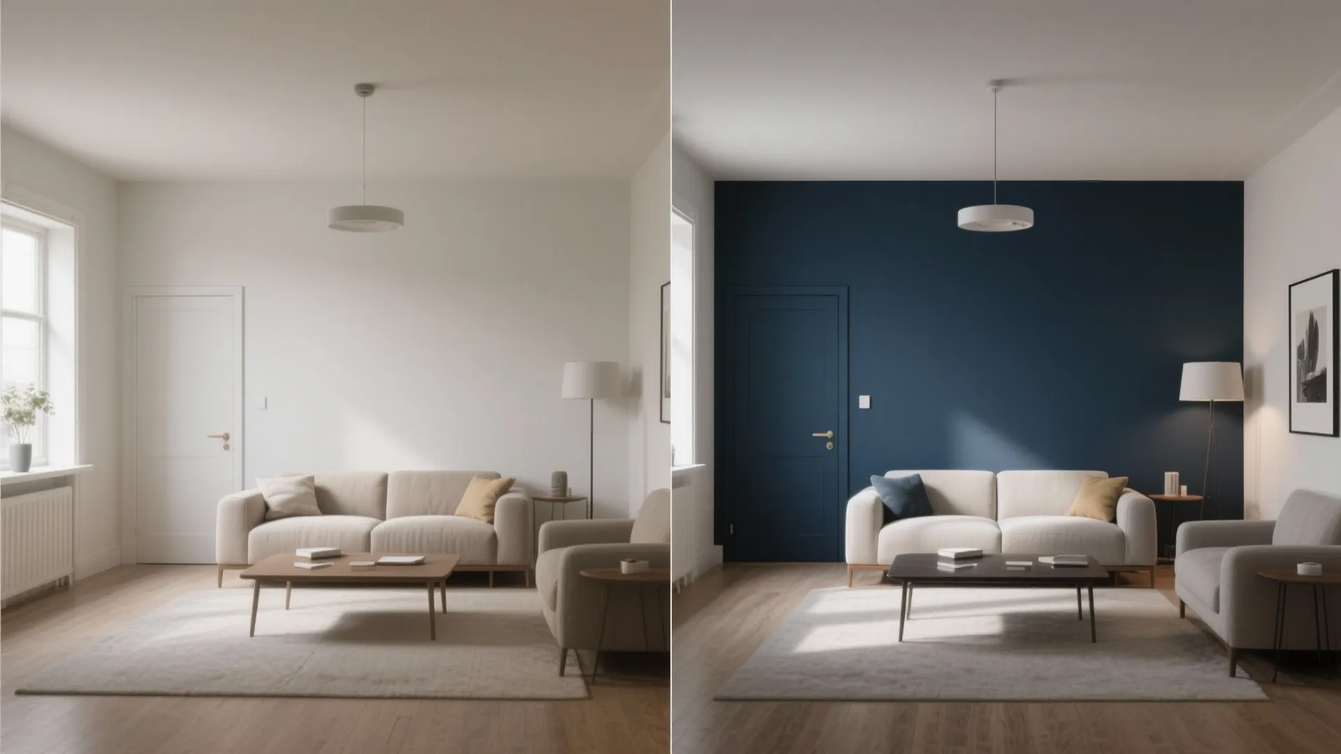 Before and after comparison showing a white living room wall transformed into a dark blue