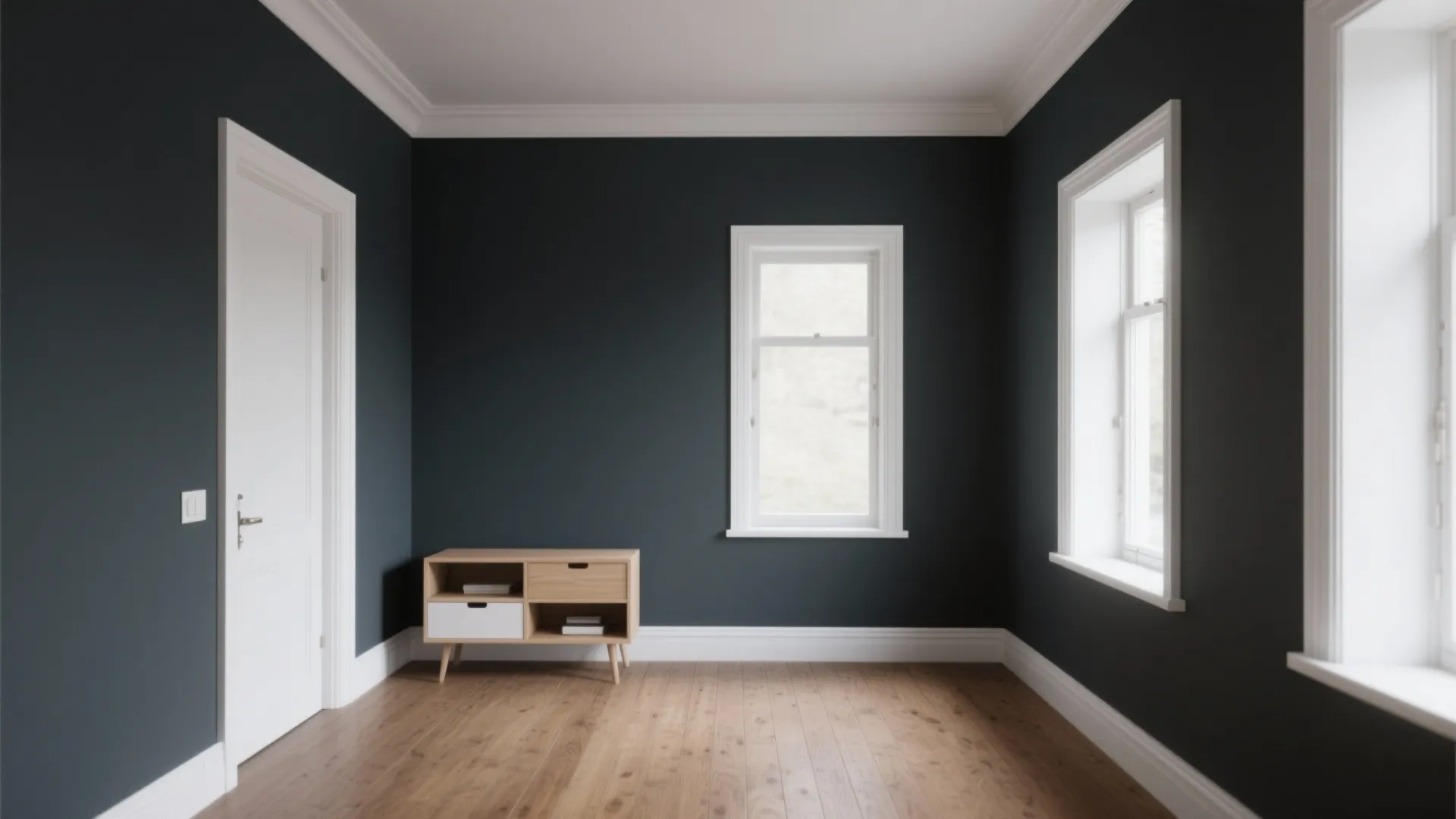 Modern room with dark grey walls white door wooden floor and a small wooden storage cabinet
