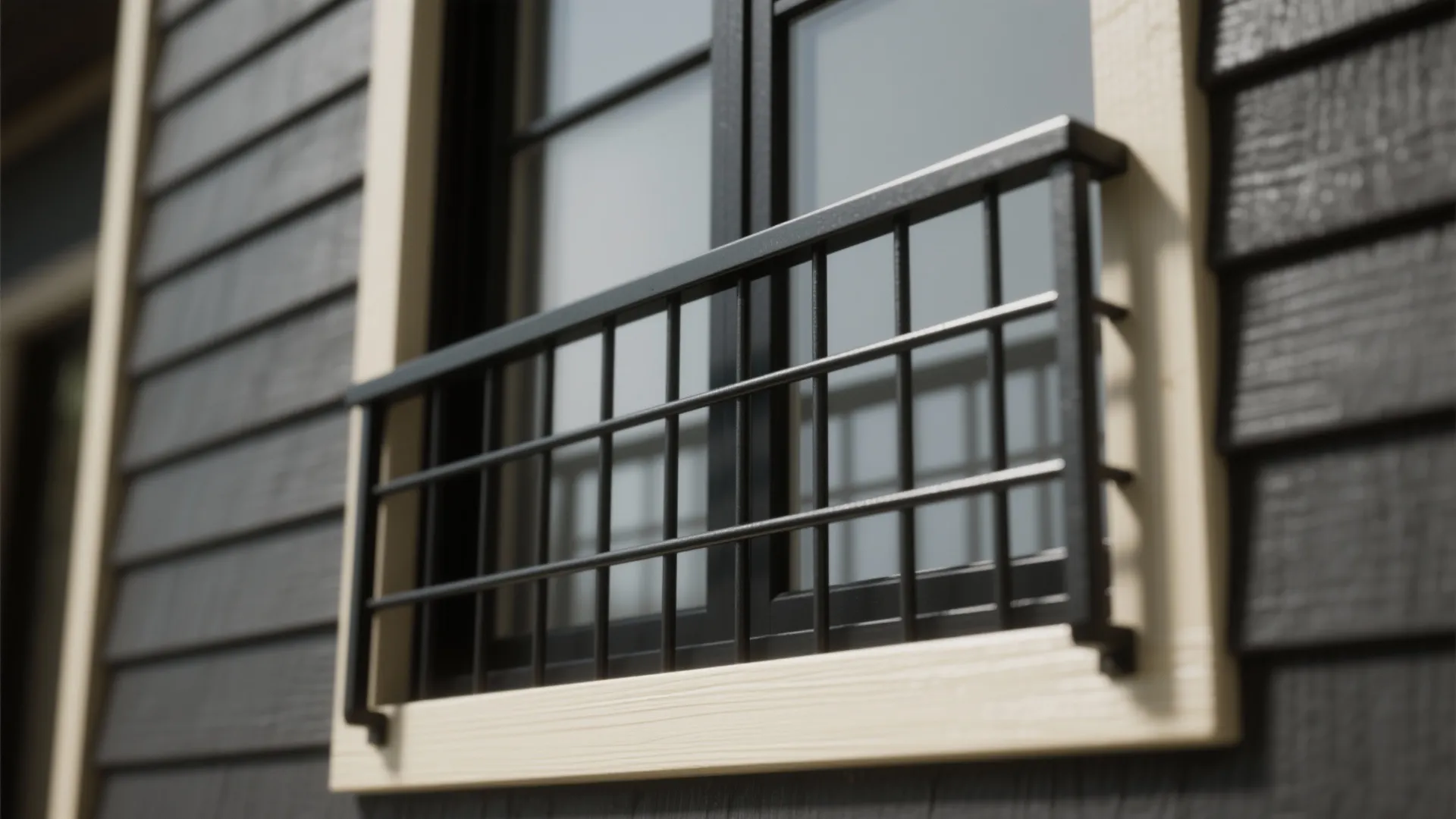 Close up of black window with metal bars light wood frame and dark wall panel