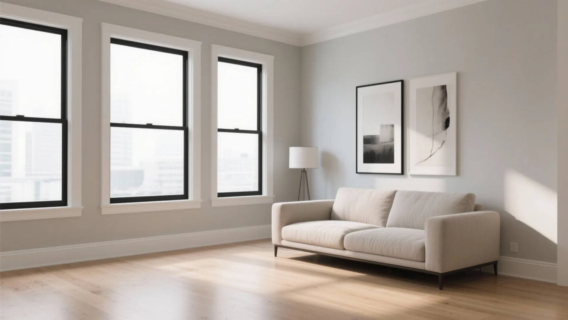 Modern living room with black frame windows beige sofa wooden floor floor lamp and art
