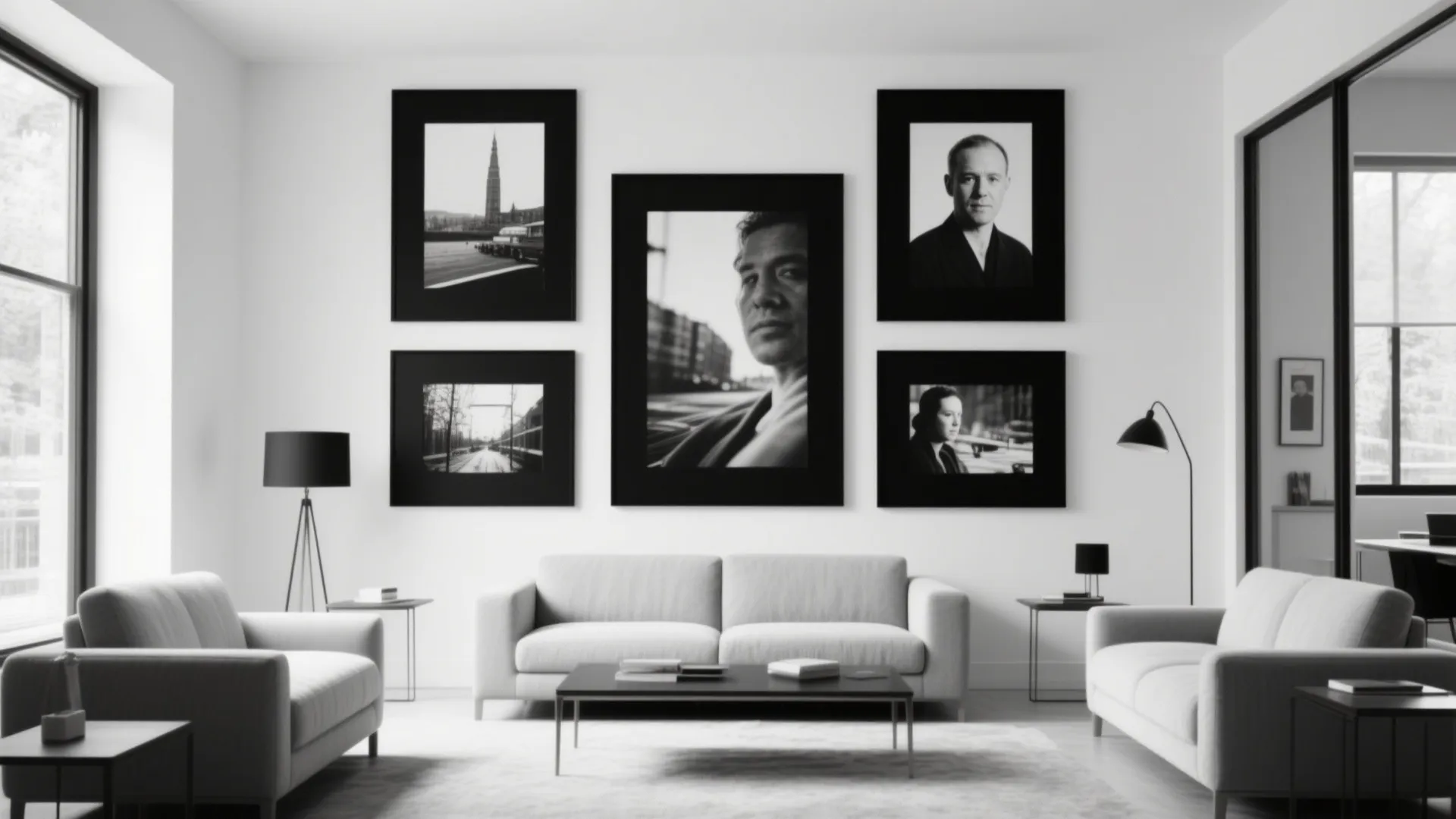 Living room wall with large monochrome photographs